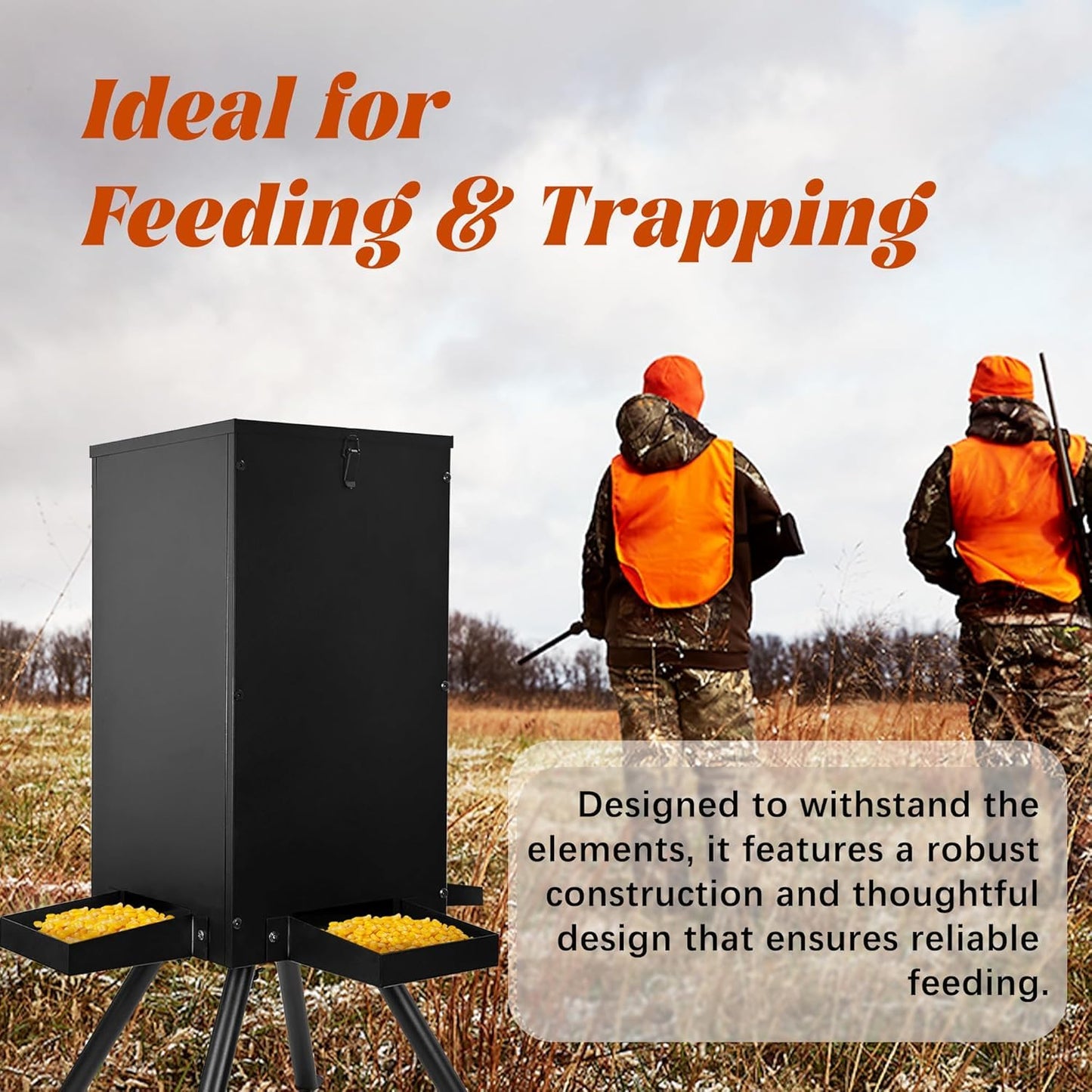 PROLEE 85lbs Deer Feeder, Weatherproof Deer Feeders with 4 Feeding Tray and 4-Leg Stand, Heavy Duty Metal Gravity Feeder for Deers and Wildlife (Black)