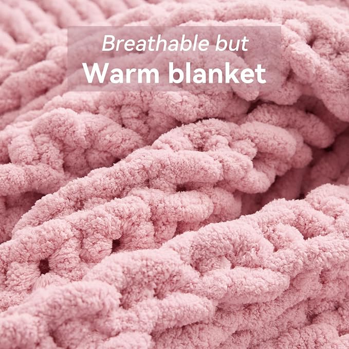 Negwoo Chunky Knit Throw Blanket, 60''*80'' Knitted Throw Chenille Yarn for Bed Couch, Handmade Light Pink Crochet Big Thick Blanket, Machine Washable Cute Comfy Blanket for Home Decor