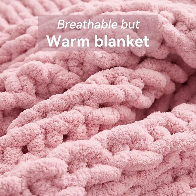 Negwoo Chunky Knit Throw Blanket, 80''*90'' Knitted Throw Chenille Yarn for Bed Couch, Handmade Light PinkCrochet Big Thick Blanket, Machine Washable Cute Comfy Blanket for Home Decor