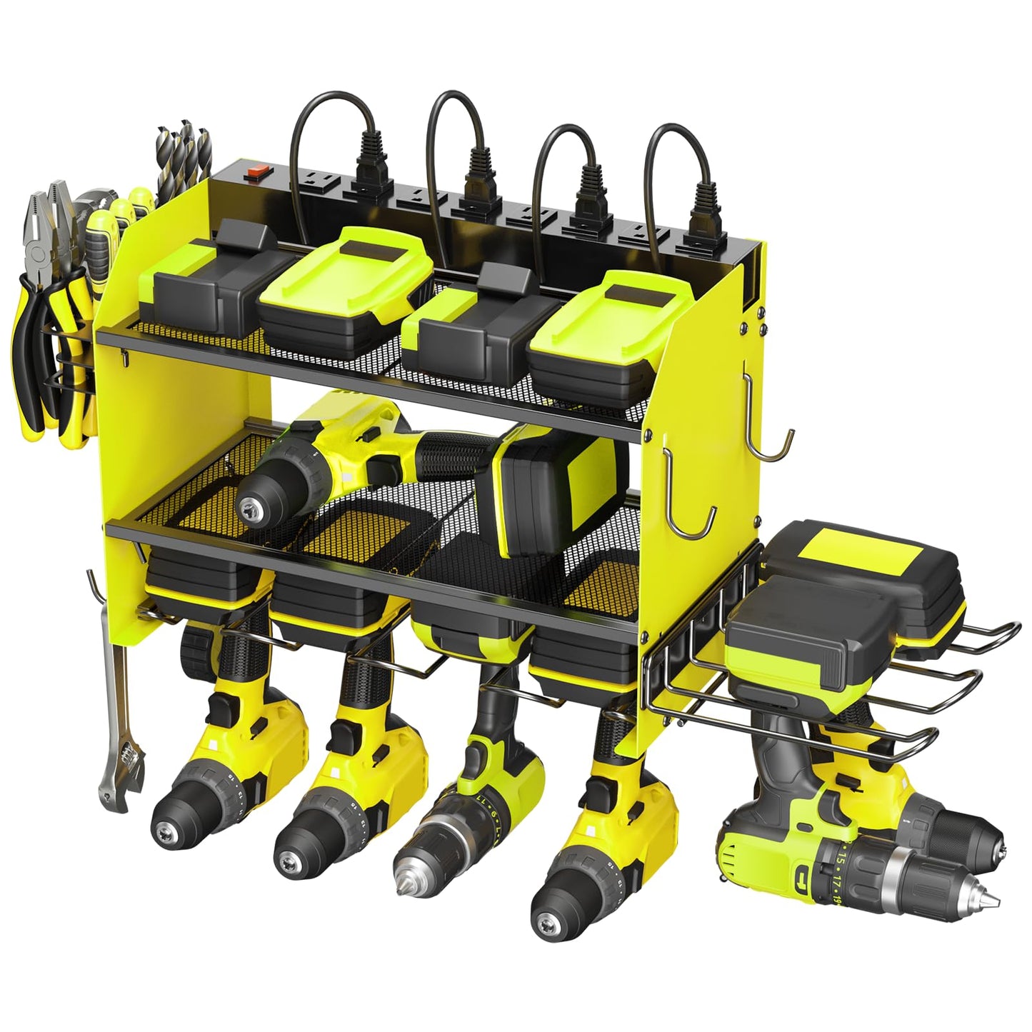 CCCEI Modular Power Tool Organizer Wall Mount Charging Station, Green 6 Drills Holder with 8 Plug Power Strip 10FT, Garage Drill Battery Heavy Duty Metal Shelf, Utility Rack with Hooks, Side Storage.