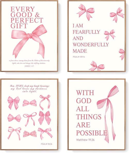 LARTSFRO Coquette Pink Bow Wall Art Decor - Inspirational Bible Verses | Set of 4 Unframed 12x16 Inch Prints for Teen Girls' Rooms