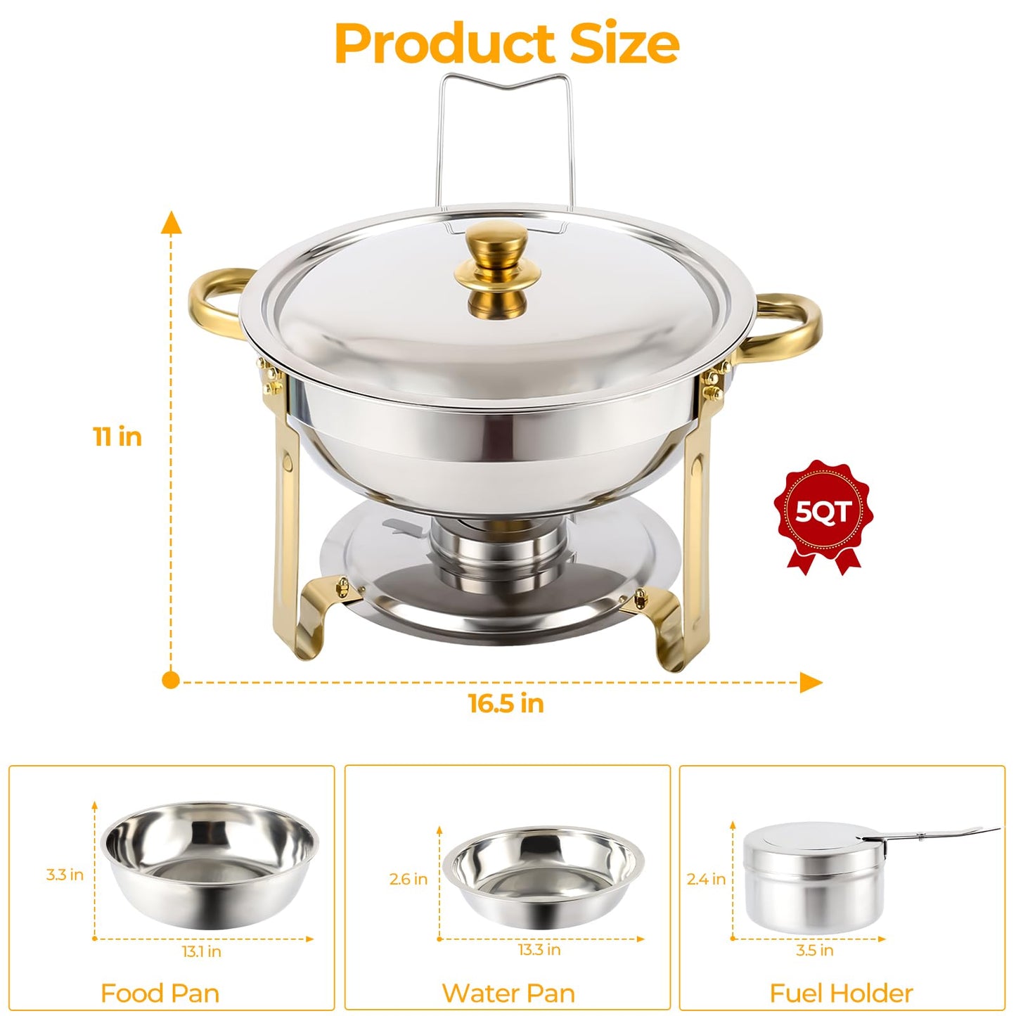 Non-Tarnish Gold Chafing Dishes for Buffet 4 Pack, 5QT Luxury Buffet Set - Scratch-Resistant & Easy-Clean Finish, Sturdy Stainless Steel Food Warmers for Catering Events and Parties