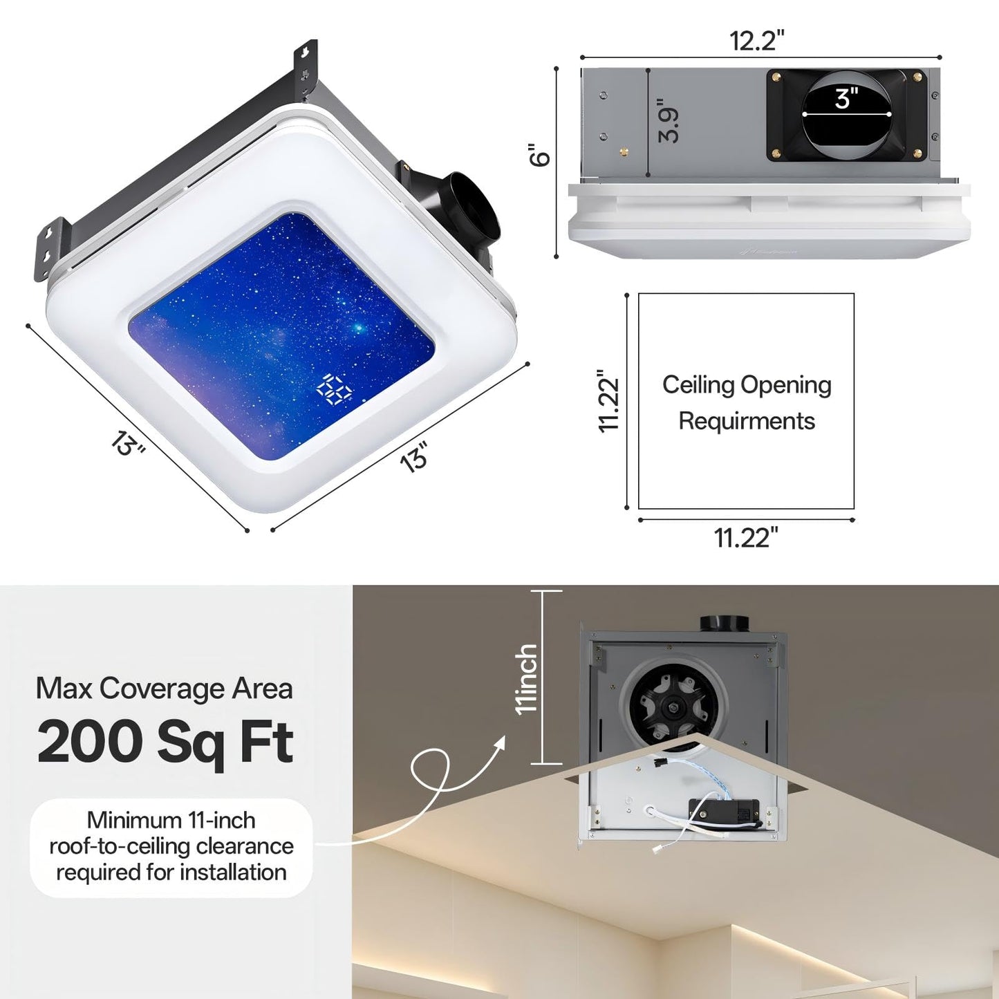 ROJOSAN Bathroom Exhaust Fan with Humidity Sensor, 230 CFM 1.0 Sone Ventilation Fan, 3 Dynamic Light and 3CCT Light (2700-4500-6500K), 11.22” x 11.22” Mount, Remote Control (Stellar Night)
