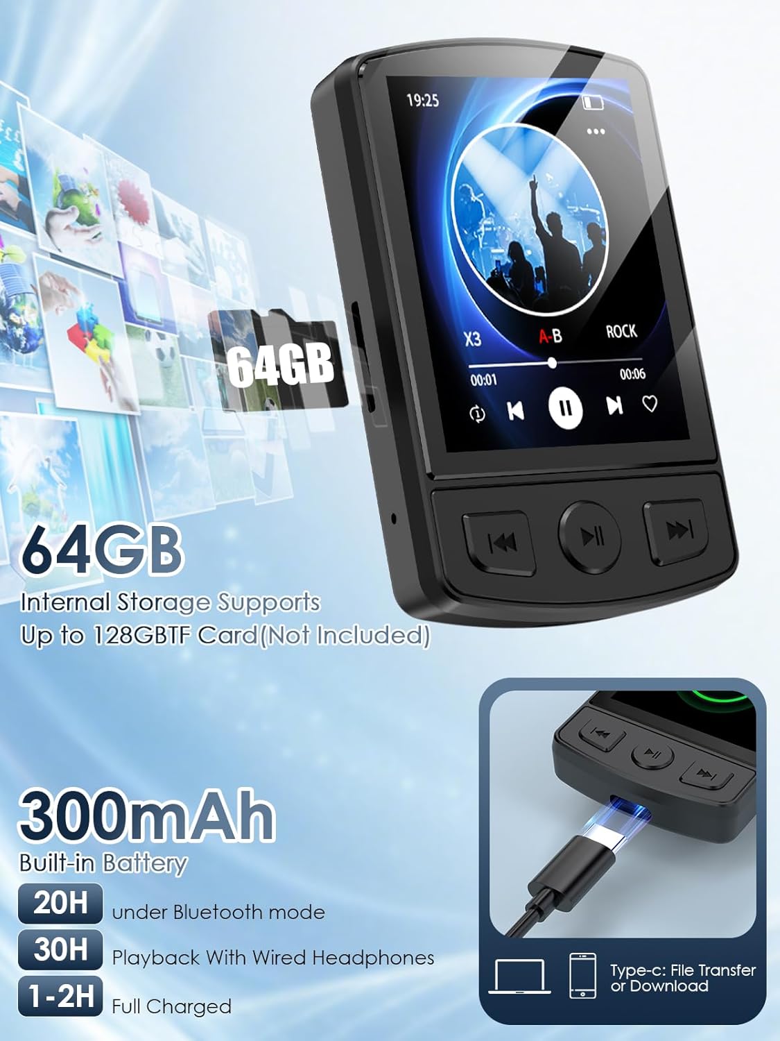 KOVCDVI MP3 64GB MP3 5.2,Portable MP3 Player with Clip Mini Player with Bluetooth Music Player
