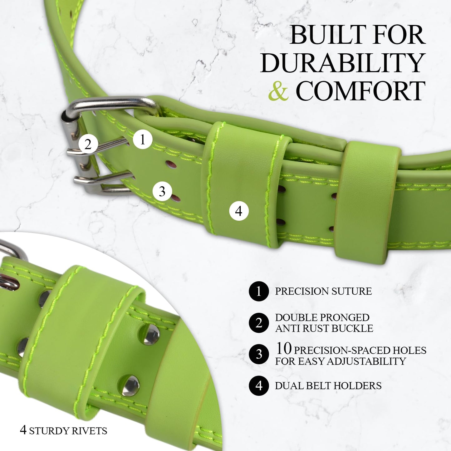 Leather Weightlifting Belt, 10 Adjustable Holes, 4”Width, Double Prong Power Belt for Gym Bodybuilding, weightlifting, powerlifting, squats and deadlifts (Neon Green, XS (23"-27"))