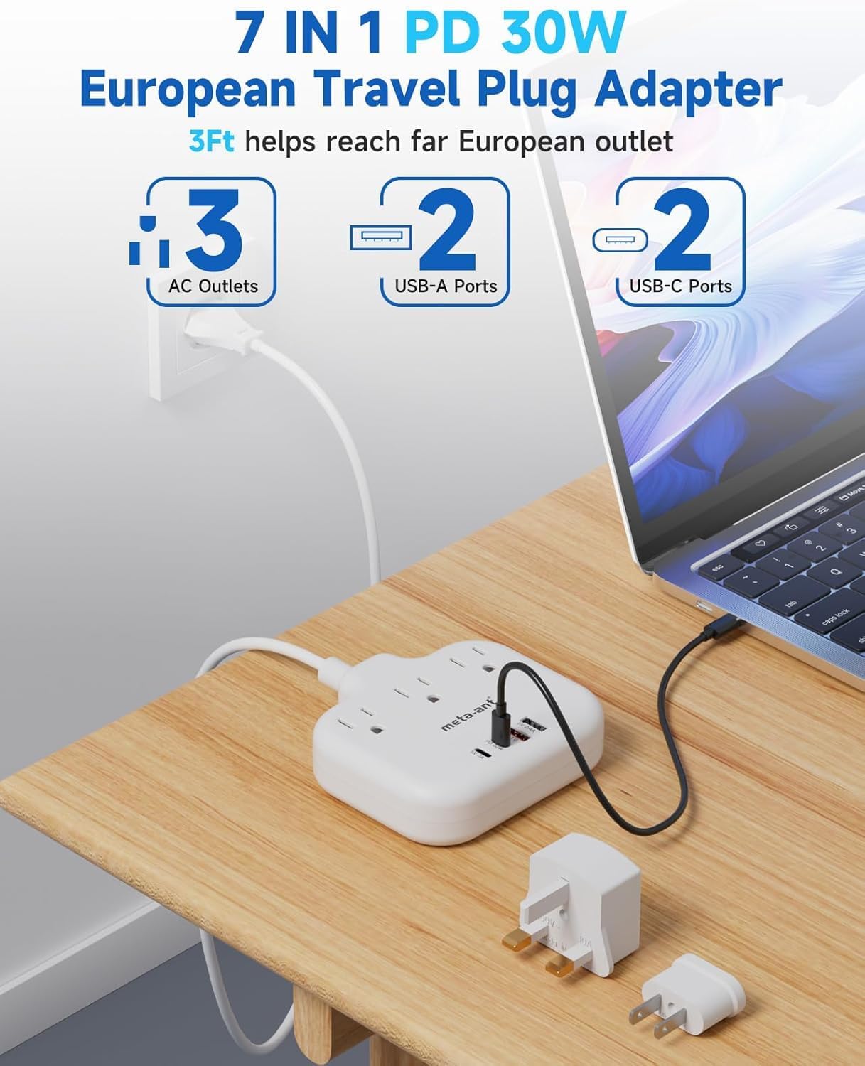 meta-ant PD30W 3 2 2 3ft European Travel Plug Adapter, International Power Adapter with Outlets USB-C and USB-A Fast