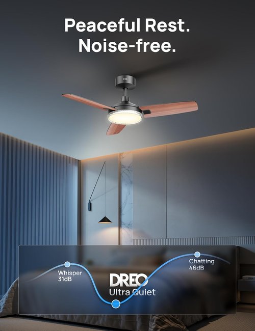 Dreo Smart Ceiling Fan - 42 Inch Black Design with 12 Speeds, Dimmable LED Light & Remote Control