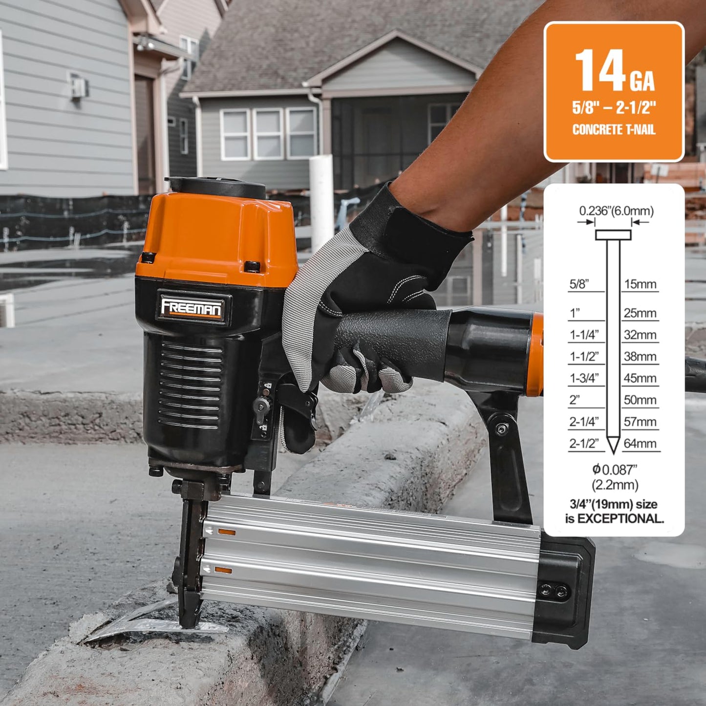 Freeman PCTN64 Pneumatic 14-Gauge Concrete T Nailer, 5/8"–2-1/2" Nails, Heavy Duty Concrete & Steel Nail Gun for Plywood, Decking, Furring, Fencing, Subflooring, Siding, and Soffits