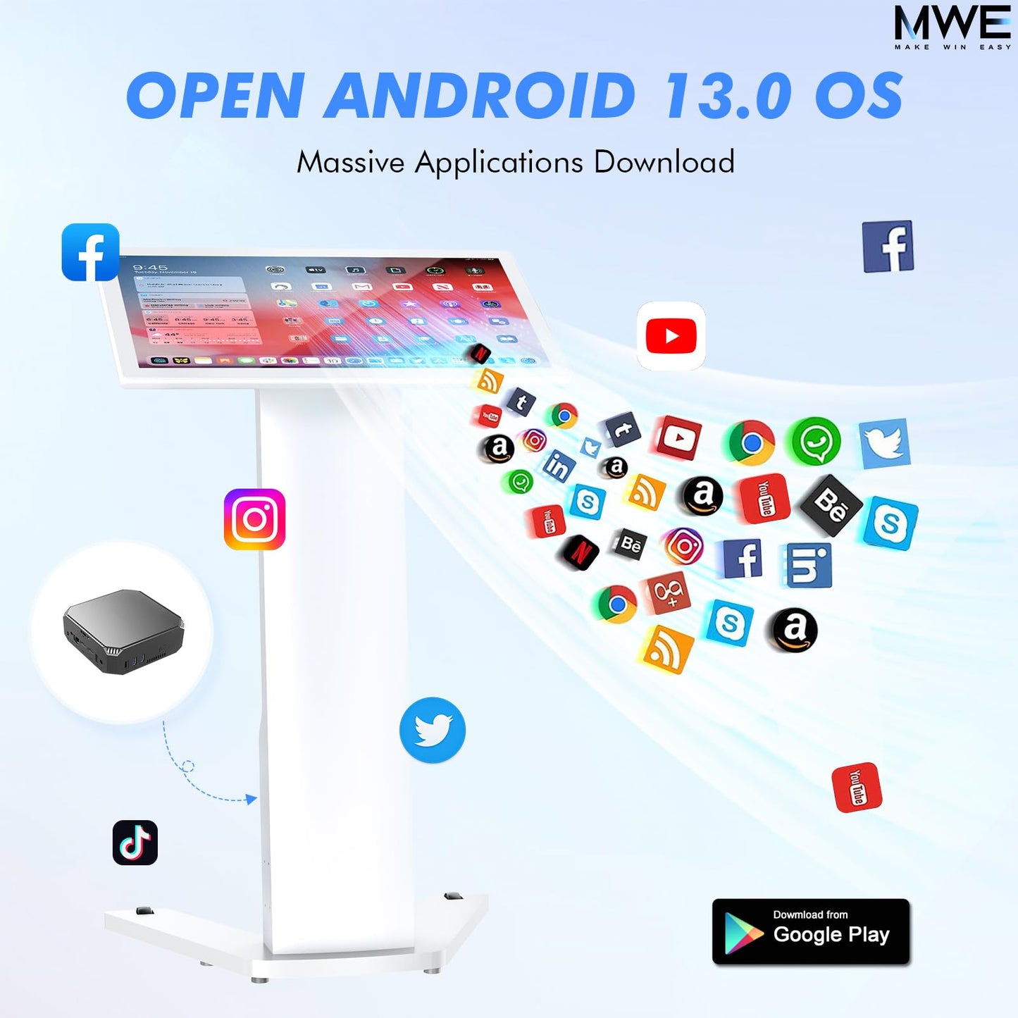 MWE 43 Inch Touch-screen Self Service Kiosk, Floor Standing Digital Signage Display, FHD Information Kiosk, 2 Speakers, Interactive Display for Mall Navigation/Self-Ordering/Advertising/Retail Store