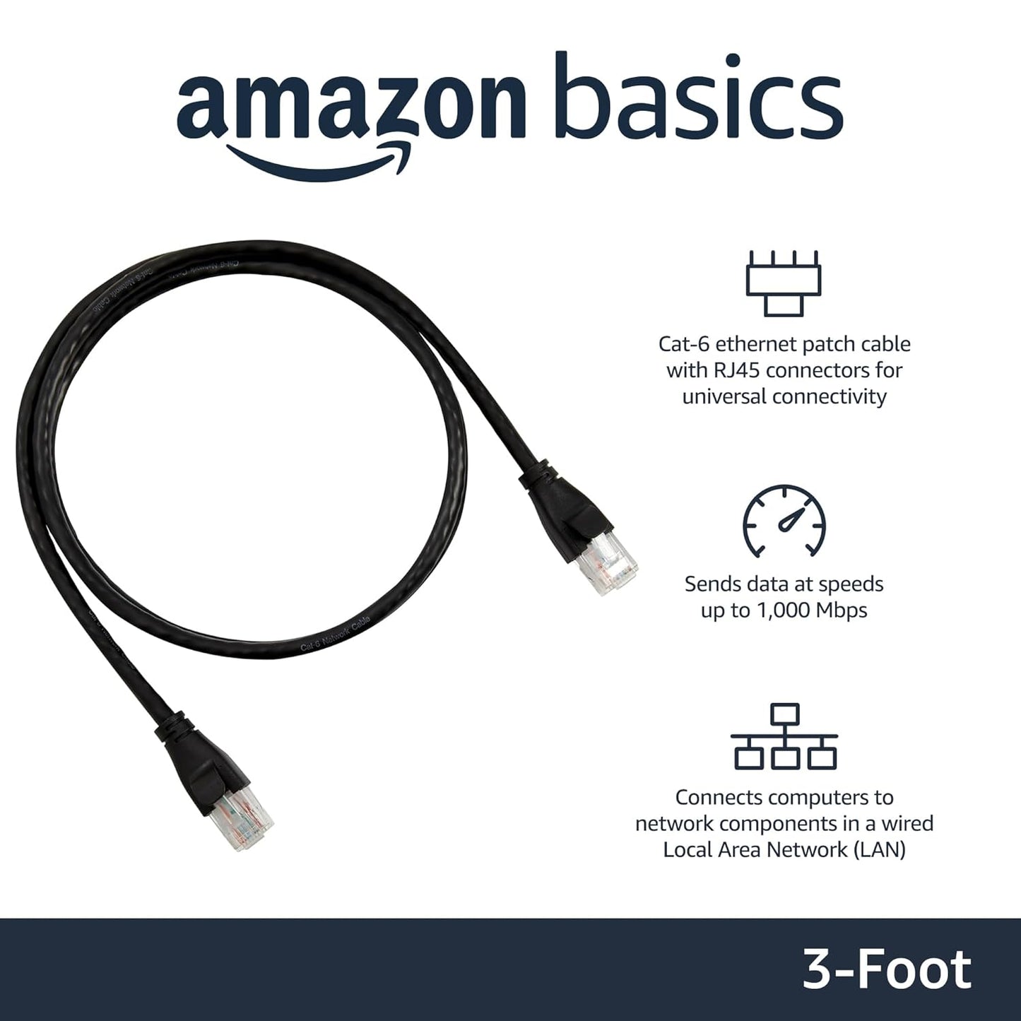 RJ45 Cat-6 1Gpbs 3 Amazon Basics Ethernet Patch Cable, Data Transfer Speed, Gold-Plated Connectors, Foot, Black