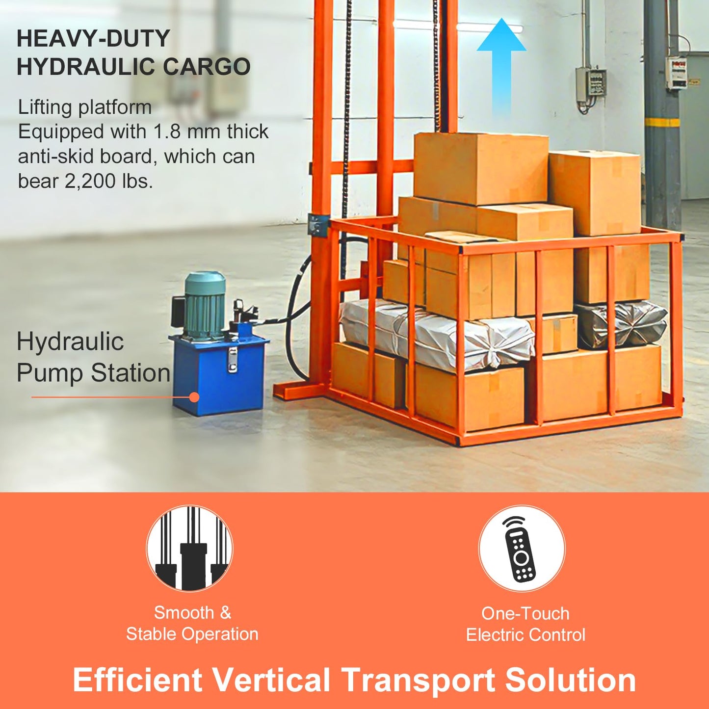 Hydraulic Freight Elevator System, 2200lbs 1-Ton Electric Cargo Lift Platform, Wall-Mounted Rail Guide VRC Mezzanine Hoist with 2500W Pump for Warehouse, Factory, Home Garage (9.8FT Lifting Height)