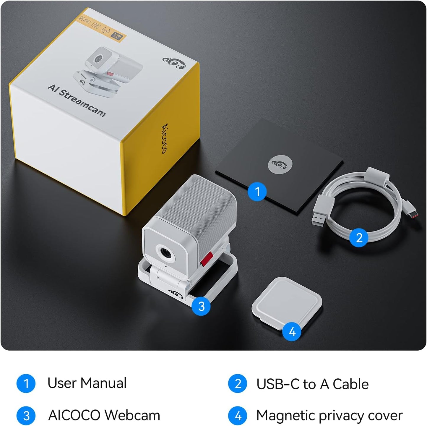 aicoco 1080P FHD PTZ Webcam, with Dual-Microphone & Privacy Cover, Computer Camera with AI Tracking, Streaming Camera