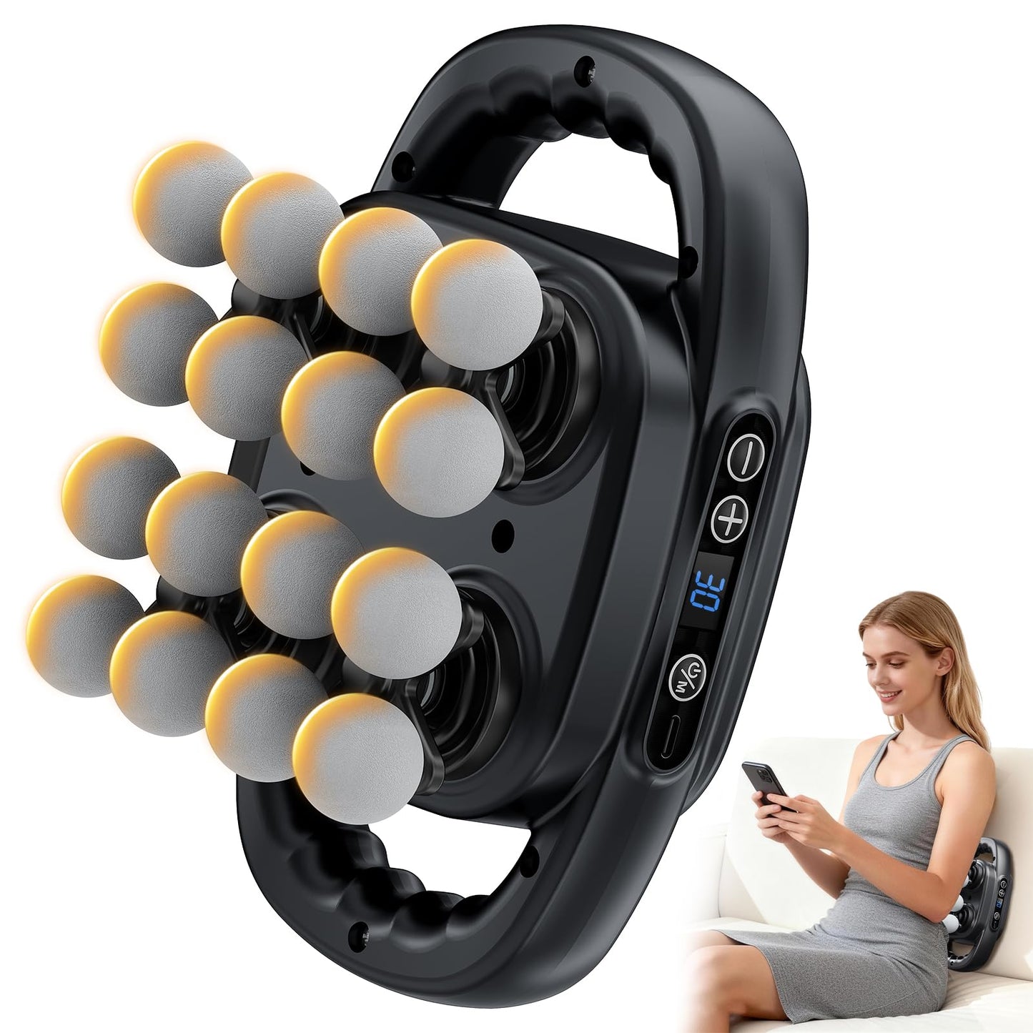 Beown 16 Head Massage Gun Deep Tissue, Back Muscle Massager with 3 Modes & 30 Intensity Levels for Legs, Waist, Back, Neck, Portable Percussion Massage Gun for Pain Relief, Ideal Gift for Women, Men