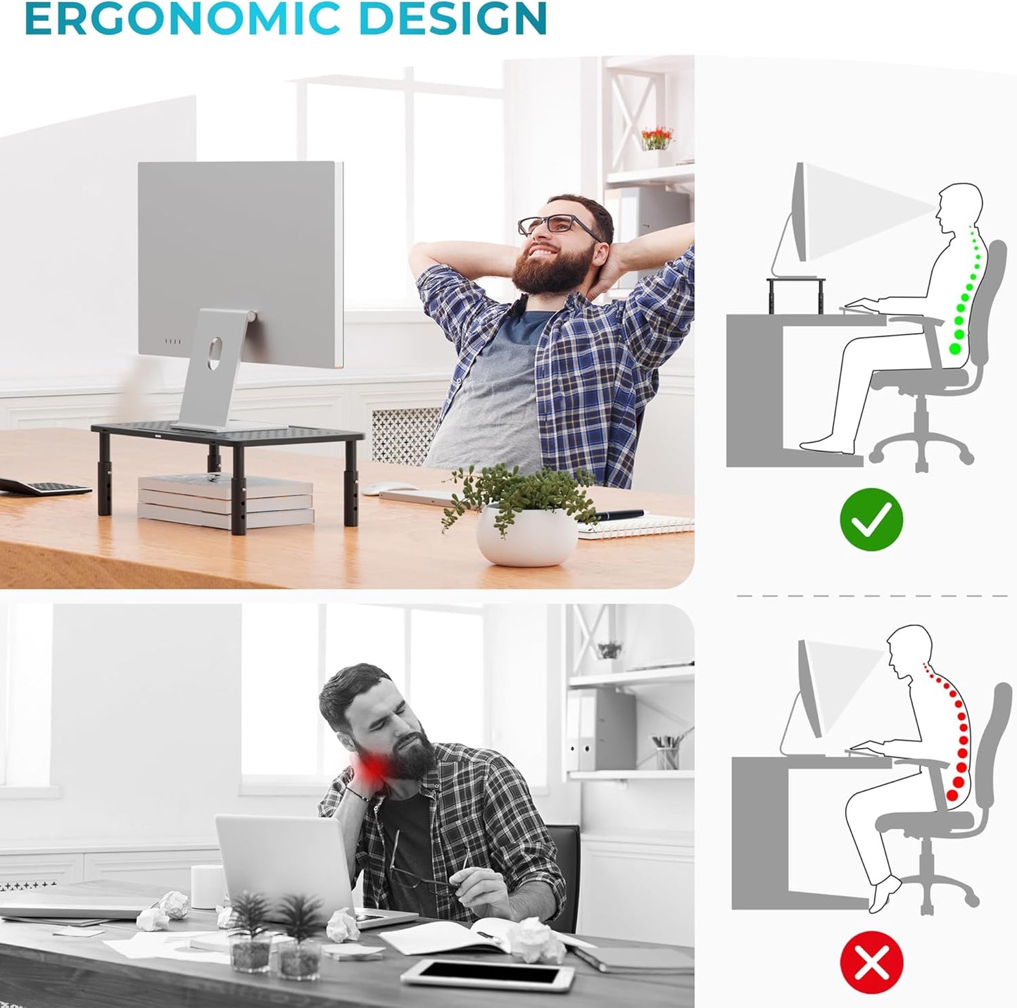2 Pack 14.5 9.1, BONTEC Monitor Stand Height Adjustable Metal Riser with Pen Holder, Black, x Ergonomic Desktop Stand