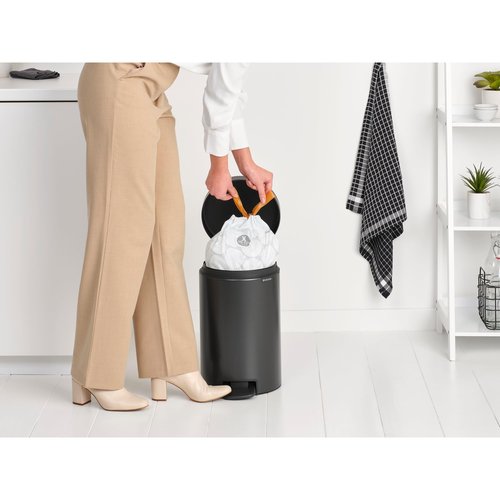 Brabantia Step-On Small Trash Can | Confident Gray | 3.2 Gallon / 12L | Bathroom, Bedroom, Office Trash Can, Light Pedal Opening, Handle & Removable Inner Bucket | 9.9 x 13.3 x 16.2 | + Trash Bags