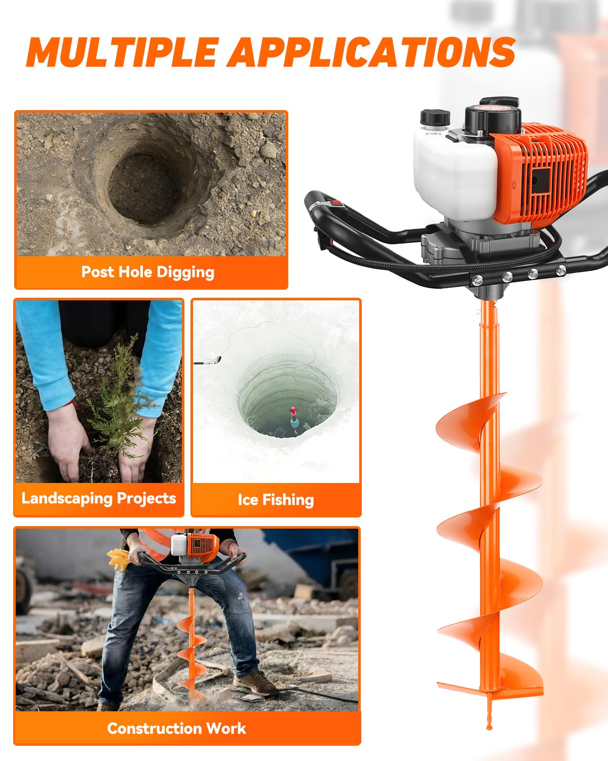 NEO-TEC 63CC Post Hole Digger Auger Drill Gas Powered 2-Stroke & 8" Drill Bits + 1 Extension Bar, Earth Auger Petrol Drill Borer for Garden Lawn Auger Drill Bit for Planting