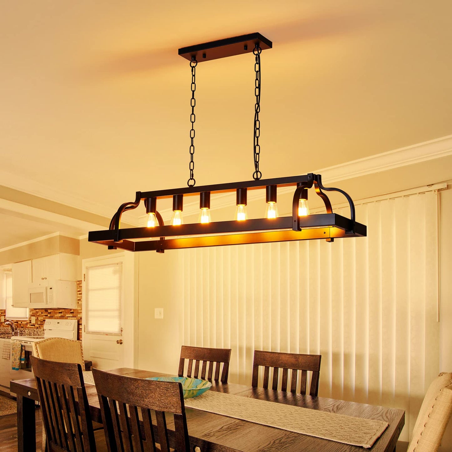 WUZUPS 6-Light Metal Pot Hanging Rack Chandelier Linear Pendant Ceiling Lighting Rustic Farmhouse Fixture Kitchen Island Dining Room, H 9.8" L 40.6" W11.8, E26 Base, Black