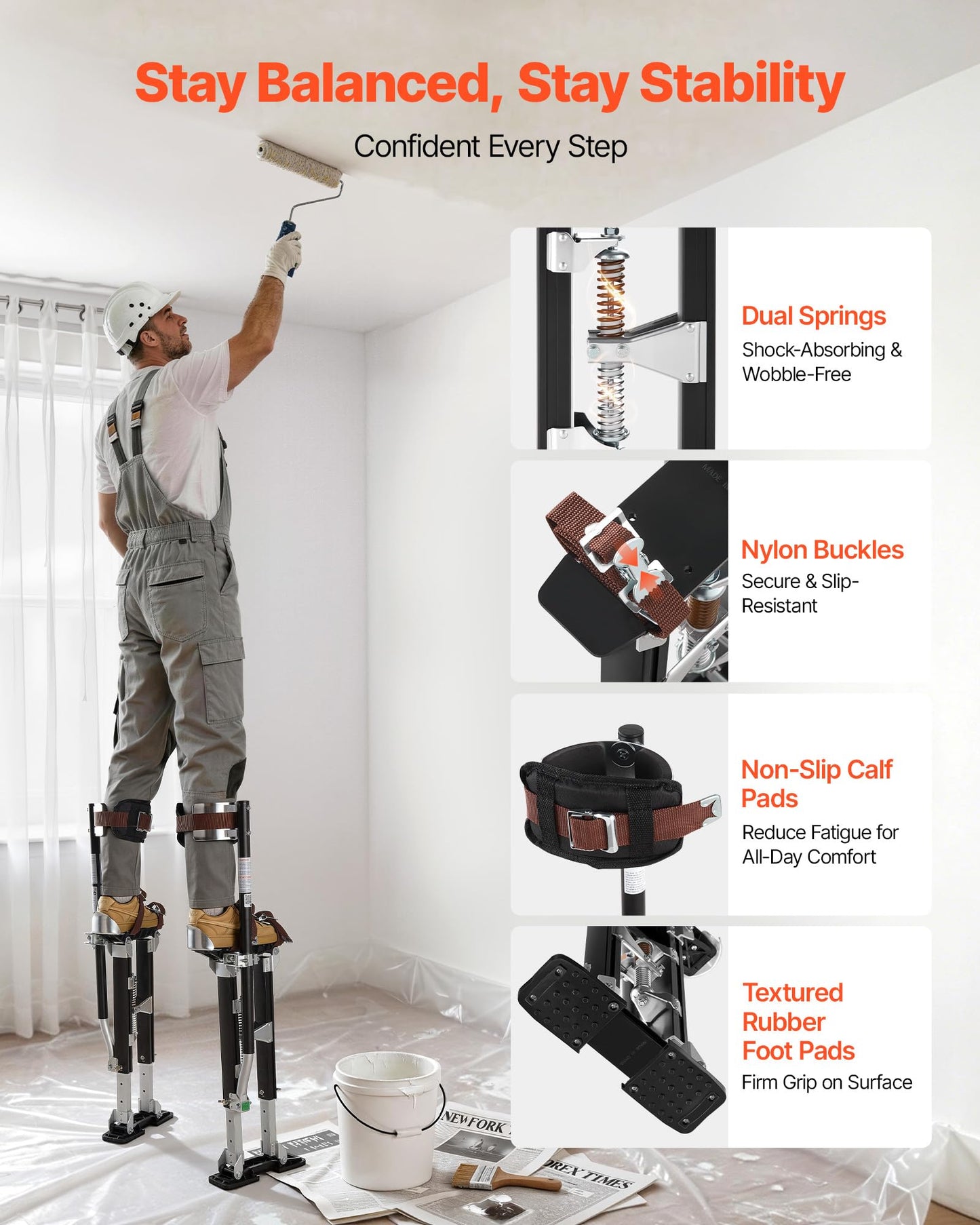 VEVOR Drywall Stilts, 19.1–31.1 in Adjustable Aluminum Painter Stilts, 228 lbs Load Capacity, Non-Slip Rubber Feet, Dual Spring Shock Absorption, Comfortable Leg Straps for Painting, Decoration, Black