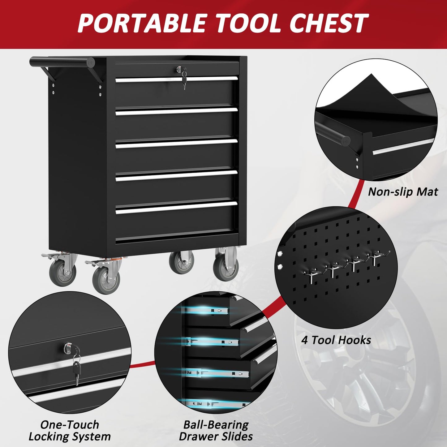 Kieperi 5 Drawers Rolling Tool Chest with Wheels, Portable Rolling Tool Boxes with Wheels, Tool Box Storage Cabinet with Locking System for Garage (Blue, 5 Drawers)