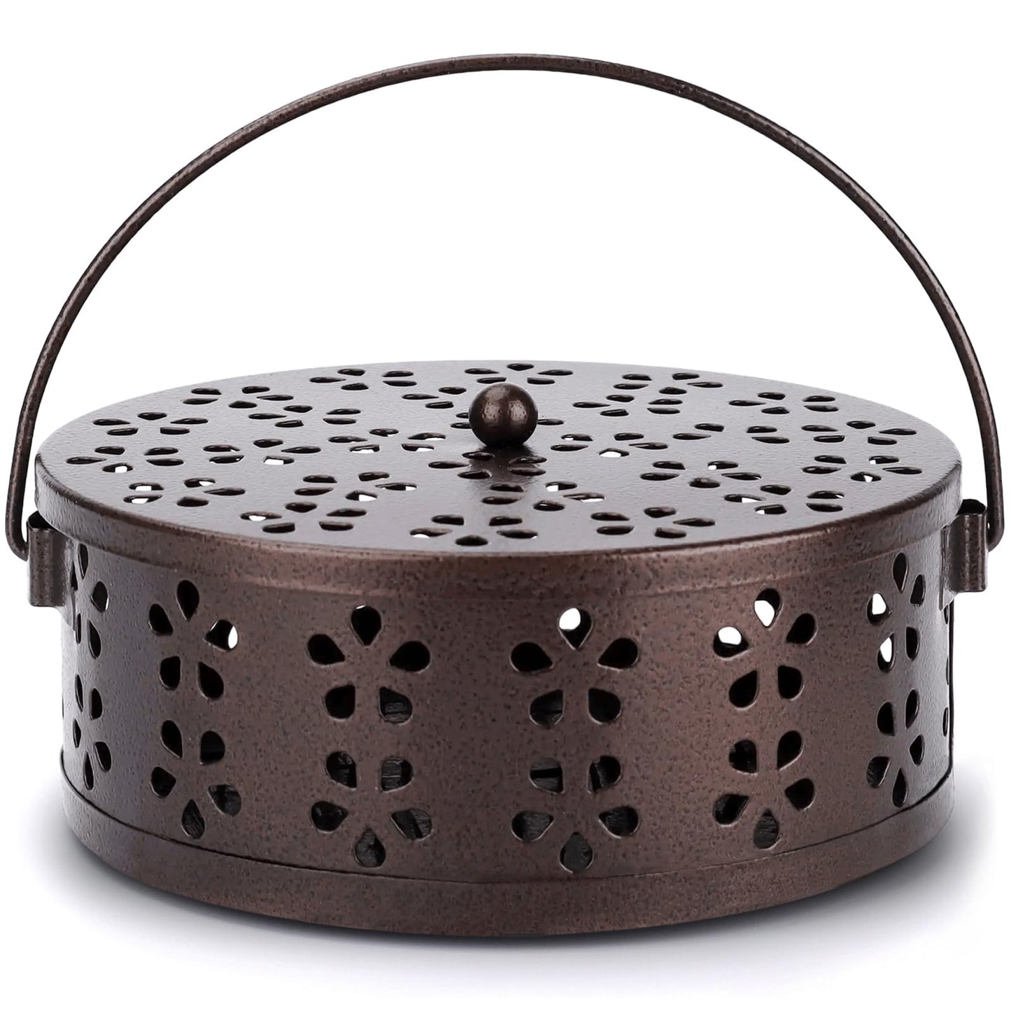 Portable Mosquito Coil Holder with Handle Round Heat-Resistant Iron Incense Coil Holder (Bronze)