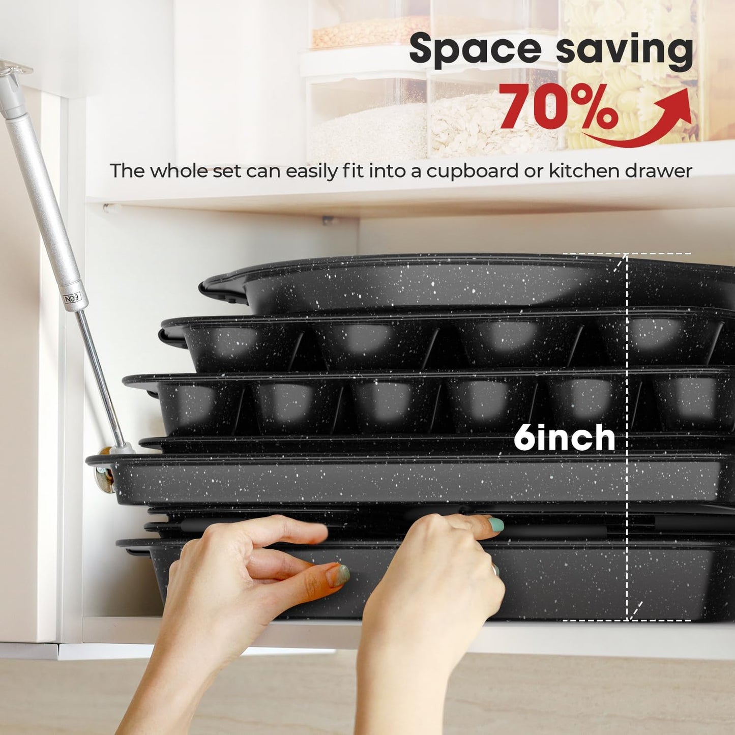 Skiennix 11-Piece Nonstick Baking Pan Set - Stackable Bakeware with Silicone Handles | Black
