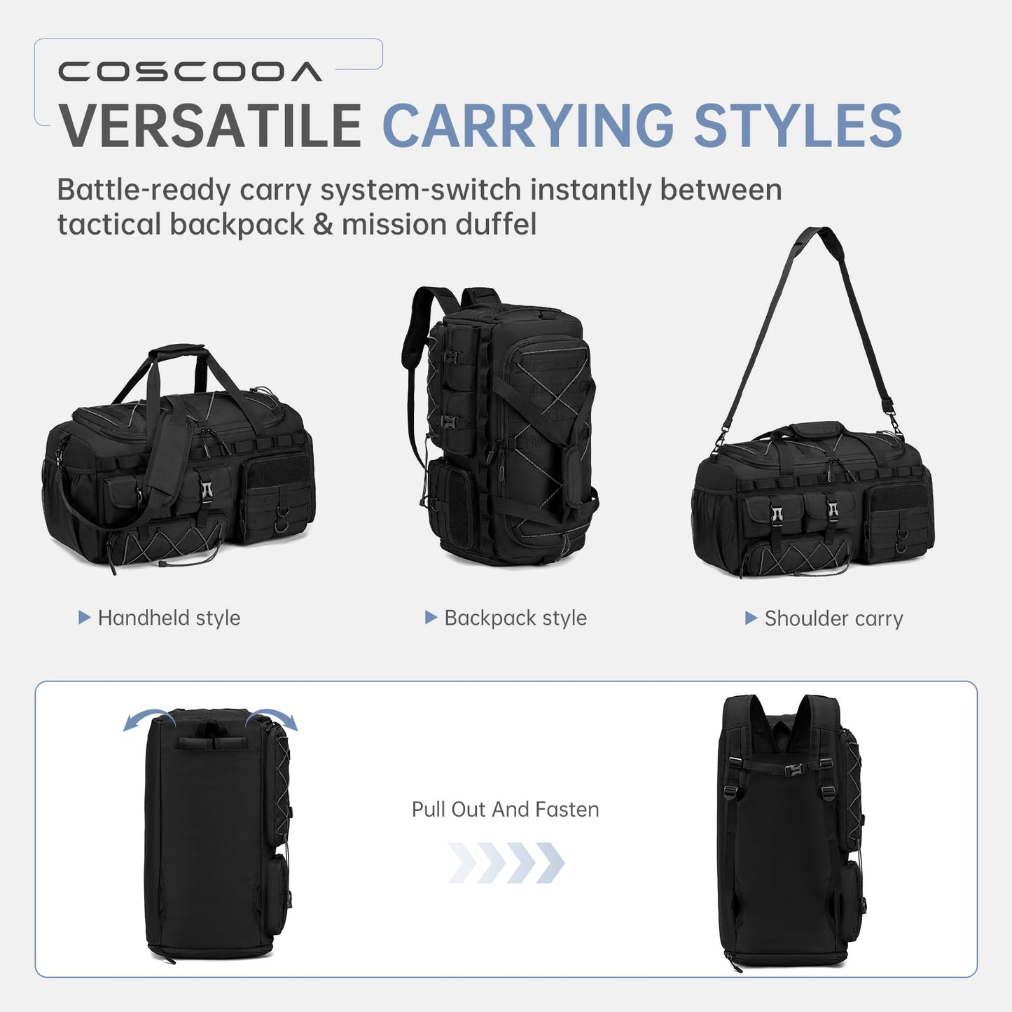 COSCOOA Tactical Gym Bags for Men, Carry On Luggage 22x14x9 Airline Approved, 3 in 1 Duffle Bag with Shoe Compartment,Travel Backpack Weekender Overnight Range Bag for Workout Football, Black