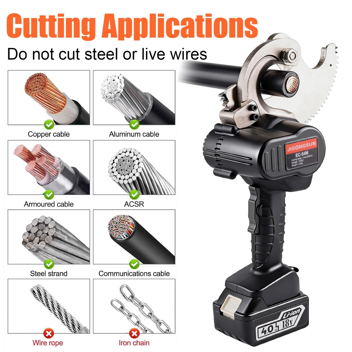 JIGONGSUN 18V Pro Battery Cable Cutter for 1000 MCM Copper / 1250 MCM Aluminum - Heavy Duty Ratcheting Wire Cutters with Alloy Steel Blades, Anti Slip Grip