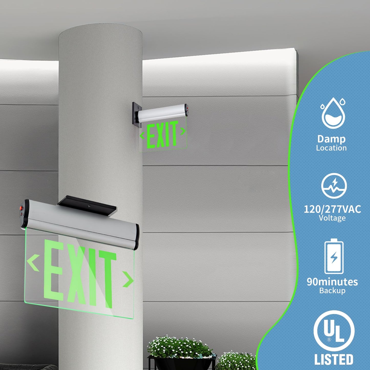 TANLUX Green Exit Signs for Business, LED Edge Lit Exit Sign, UL 924, Hardwired Emergency Exit Lights with Battery Backup, Aluminum Housing with Rotating Acrylic Clear Panel, AC 120/277V, 4 Pack