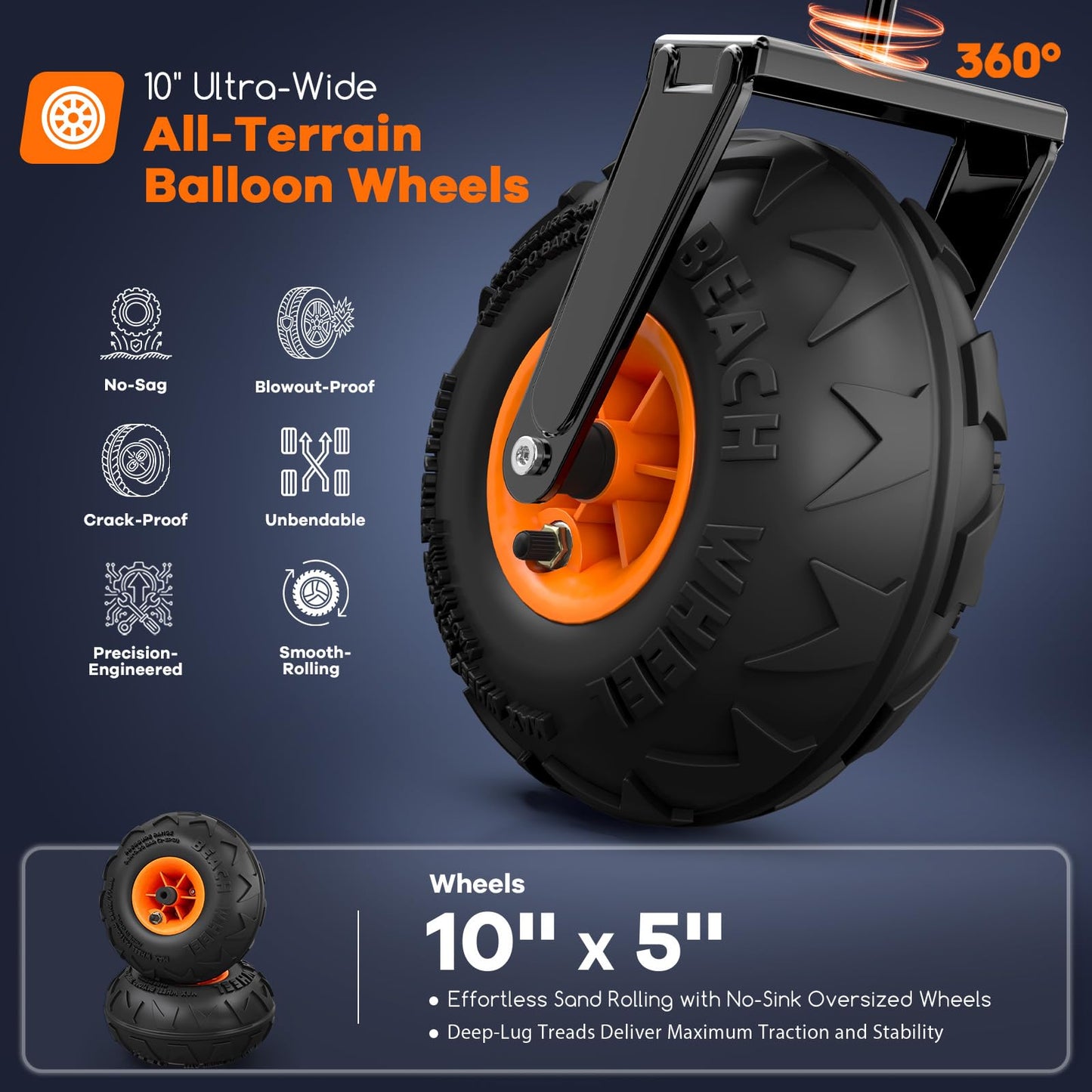 38"L Collapsible Beach Wagon with Big 10" Balloon Wheels for Sand, 460lbs Weight Capacity 220L Wagons Carts Foldable Heavy Duty with All Terrain Tires, Folding Cart for Camping, Grocery, Sport - Black