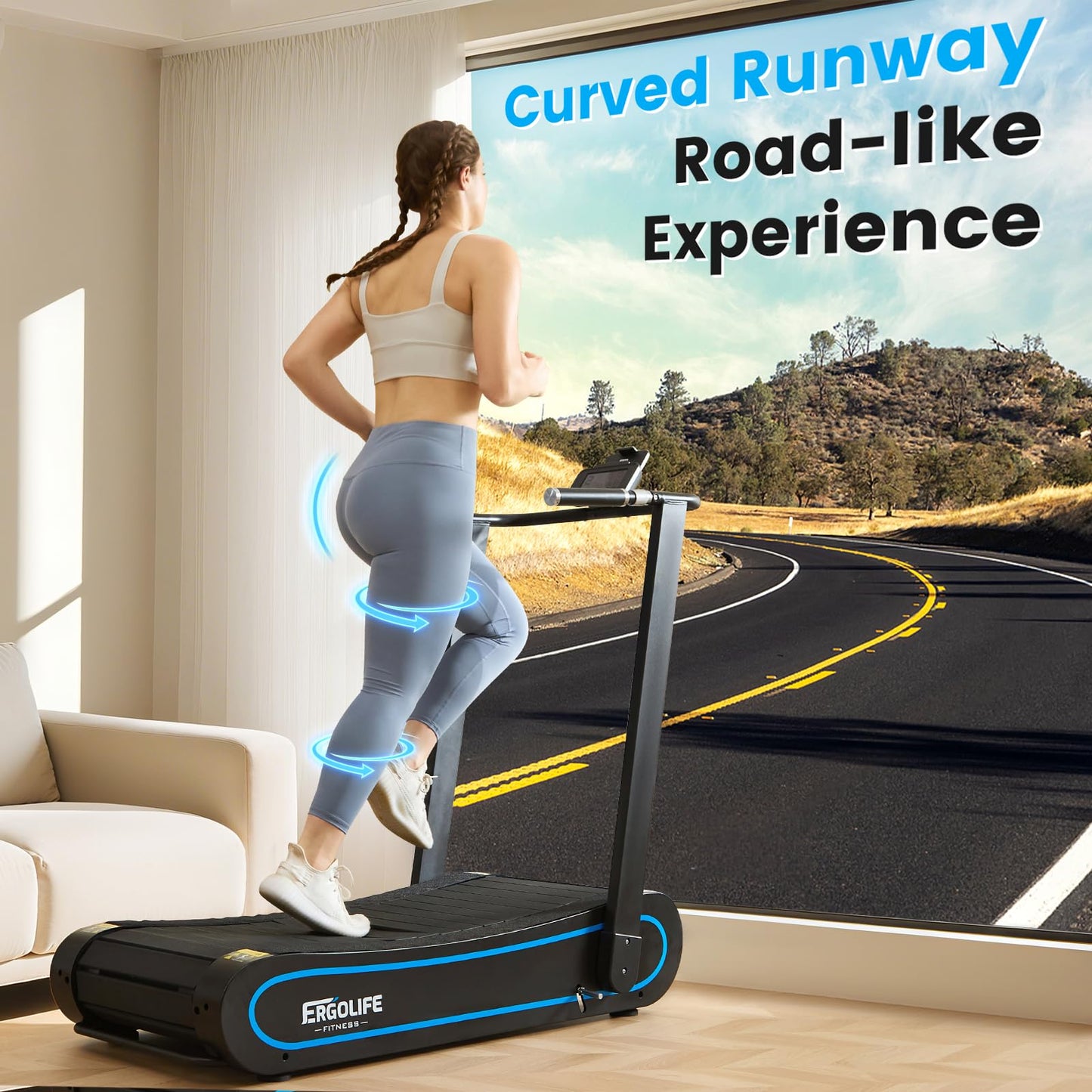 ERGOLIFE Curved Treadmill with Non-Electric Motorized, 2-in-1 Folding Treadmill with APP for Home Workout, Compact Manual Walking Pad, Office Running Machine with LCD Display