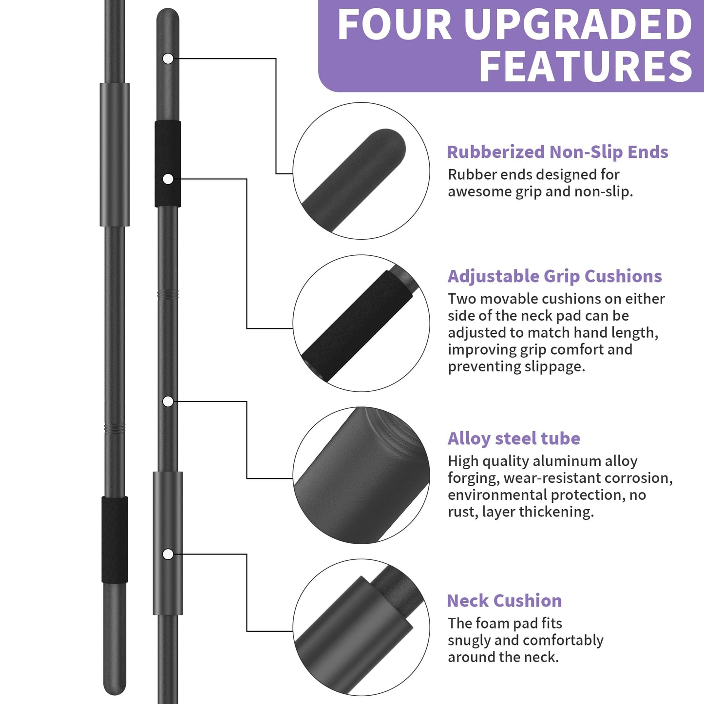 Scisum Yoga Stick 58 Inch Sturdy Alloy Steel - Adjustable Stick for Exercise, Stretching, Balance - Versatile Exercise Stick with Non-Slip Ends, Neck Cushion and Adjustable Grip Cushions