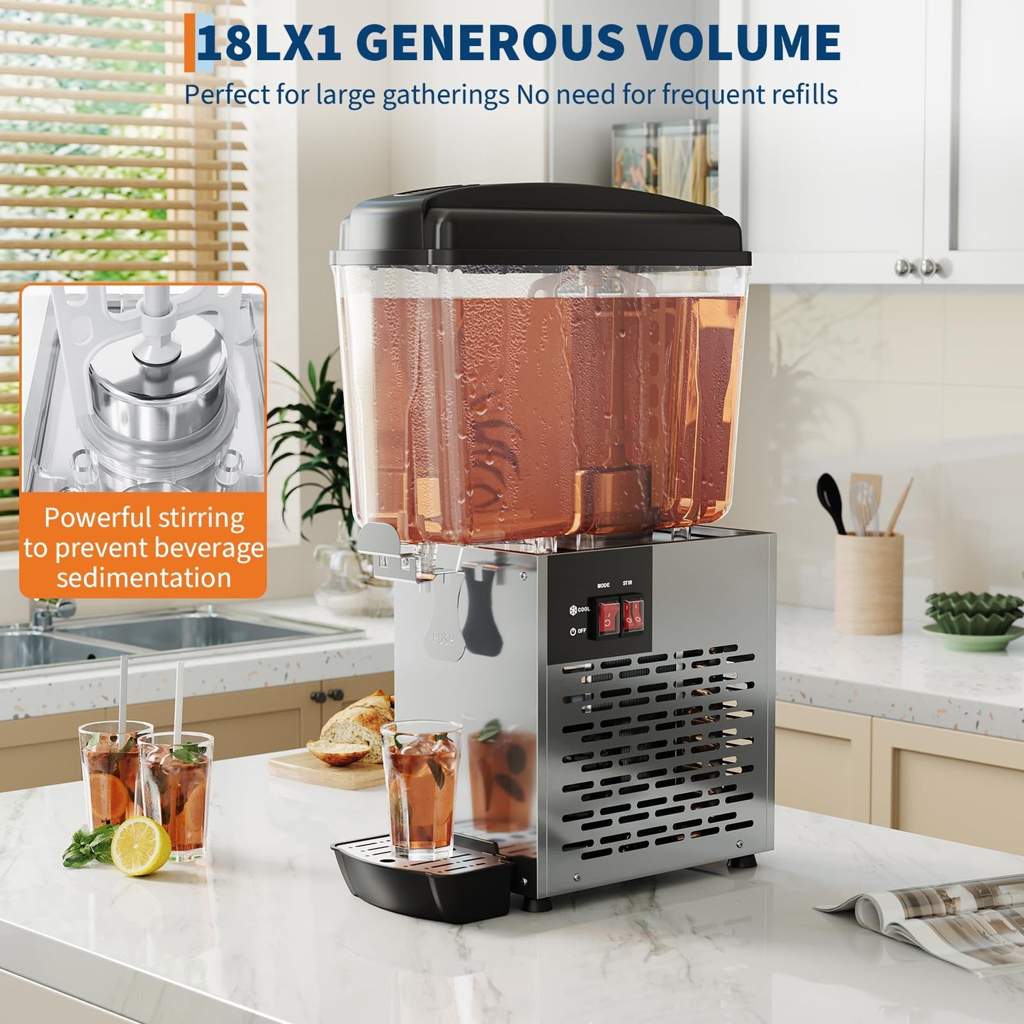Commercial Beverage Dispenser 18L/4.75 Gallon, Single Tank Stainless Steel Refrigerated Juice Dispenser with Compressor Cooling and 360° Stirring, Cold Drink Machine for Restaurant Bar Party