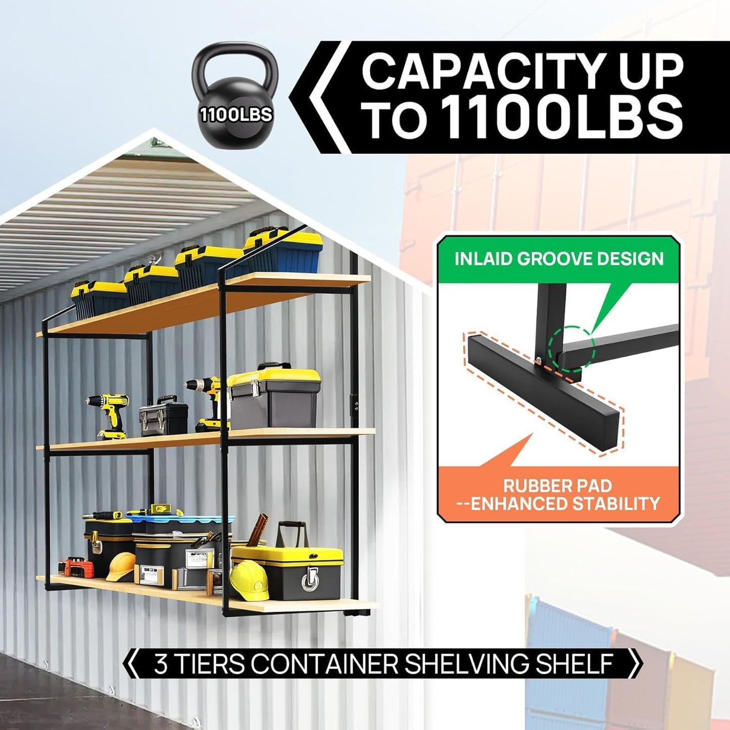 Sidasu 4 Pack Shipping Container Shelves Shelving Brackets with 60.5"(H) X 22.3"(W), 3 Tiers Shipping Container Shelves-Bracket Rack with 1100 lbs Capacity - D-Ring Mount for Cargo Shelves Rack