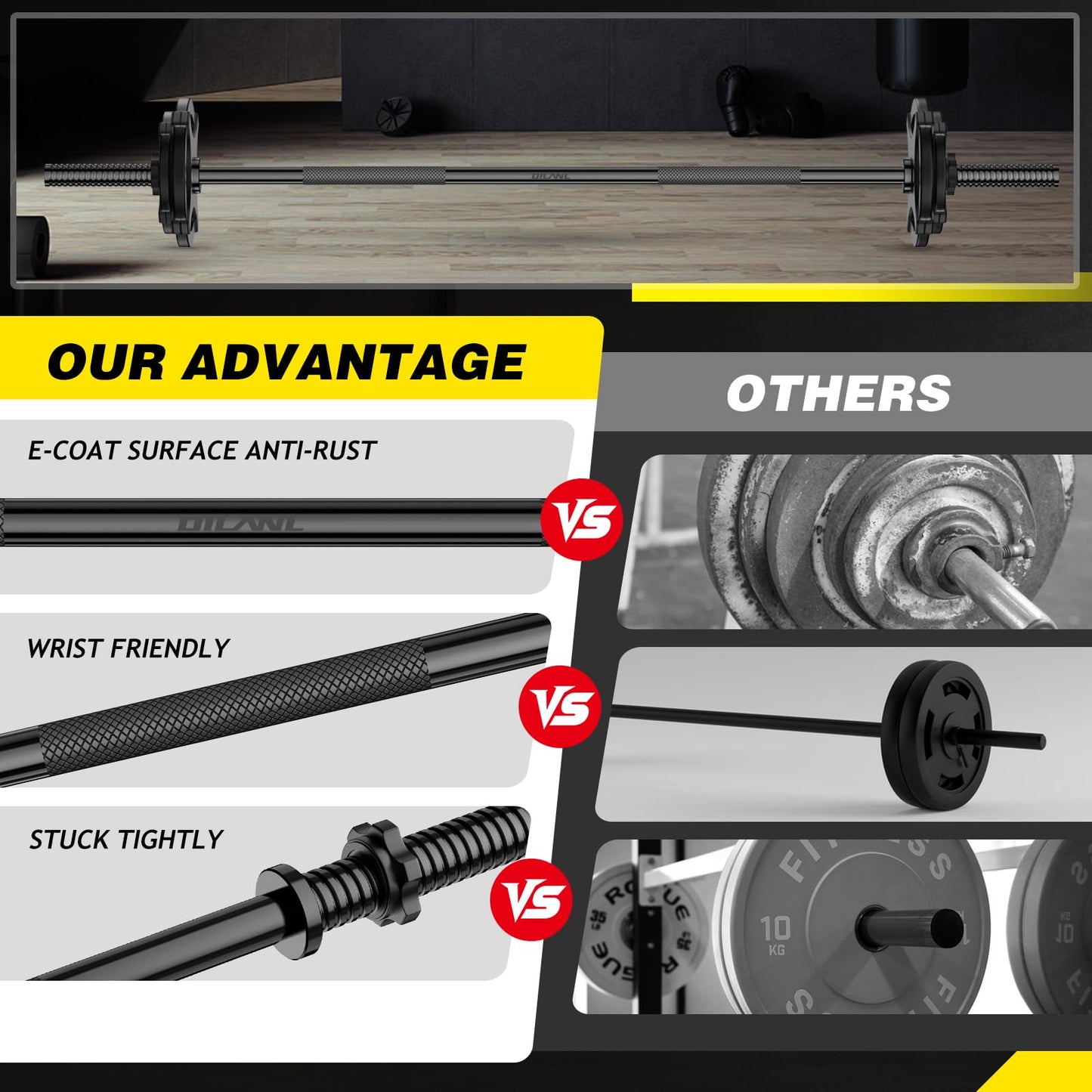Weight Lifting Bar 57", 1" Standard Straight Barbell Bars Olympic for Home Gym Weight lifting/Strength Training/Squat/Bench Press/Deadlift/Lunges/Hip Thrusts, 2 Star Collars (480lb Weight Capacity) (Black)