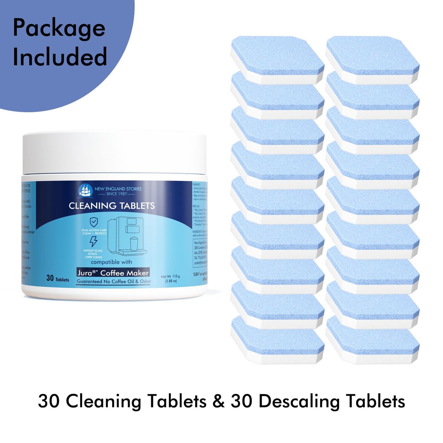 New England Stories Jura Compatible 30 Cleaning + 30 Descaling Tablets Kit - Clean Coffee Oils & Remove Limescale for Coffee Machines
