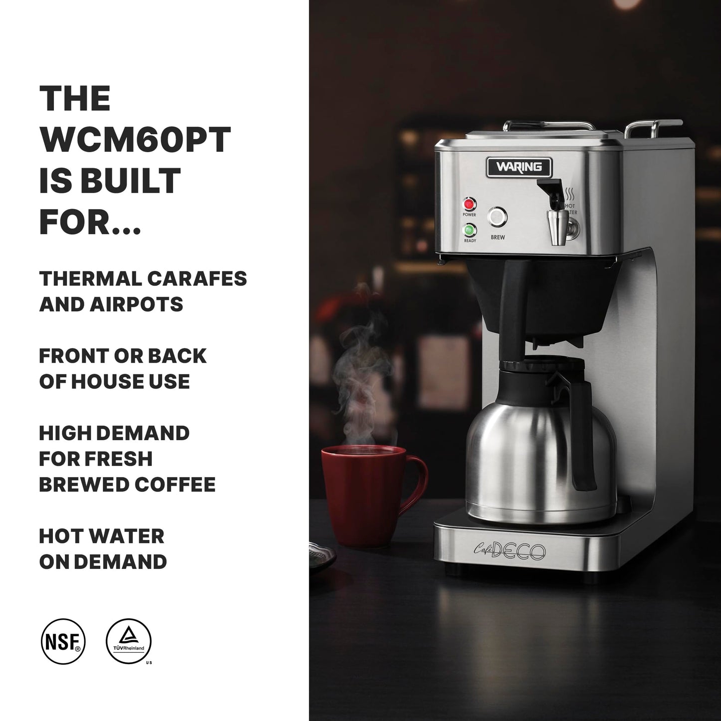 Waring Commercial Café Deco Thermal Coffee Brewer, 3.9 Gallons per Hour, Fits Large 64 oz Thermal Carafes, Stainless Steel, Front Mounted Faucet, NSF Certified, WCM60PT
