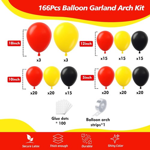166Pcs Balloon Garland Arch Kit - Red, Yellow & Black Latex Balloons for Mouse Party Decor | Birthday & Baby Shower