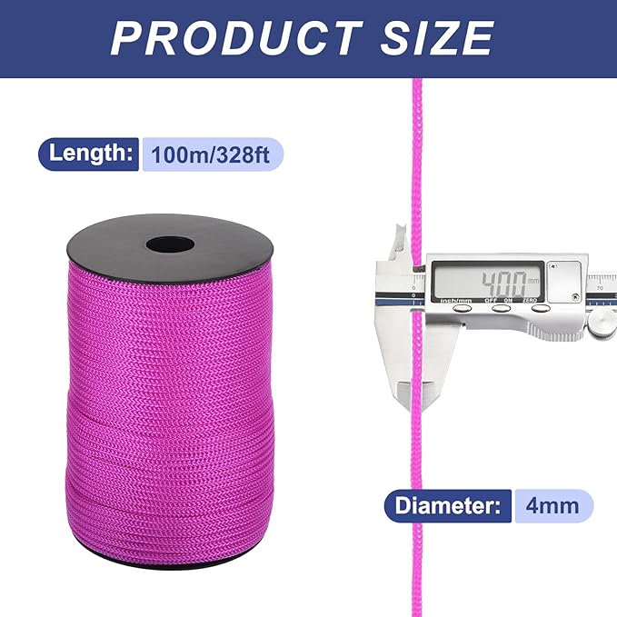 MECCANIXITY 5/32 Inch Polypropylene Rope Braided Ropes, 328ft Camping Rope Hollow Utility Cord for Clothesline, Hiking, Outdoor, Rose Red