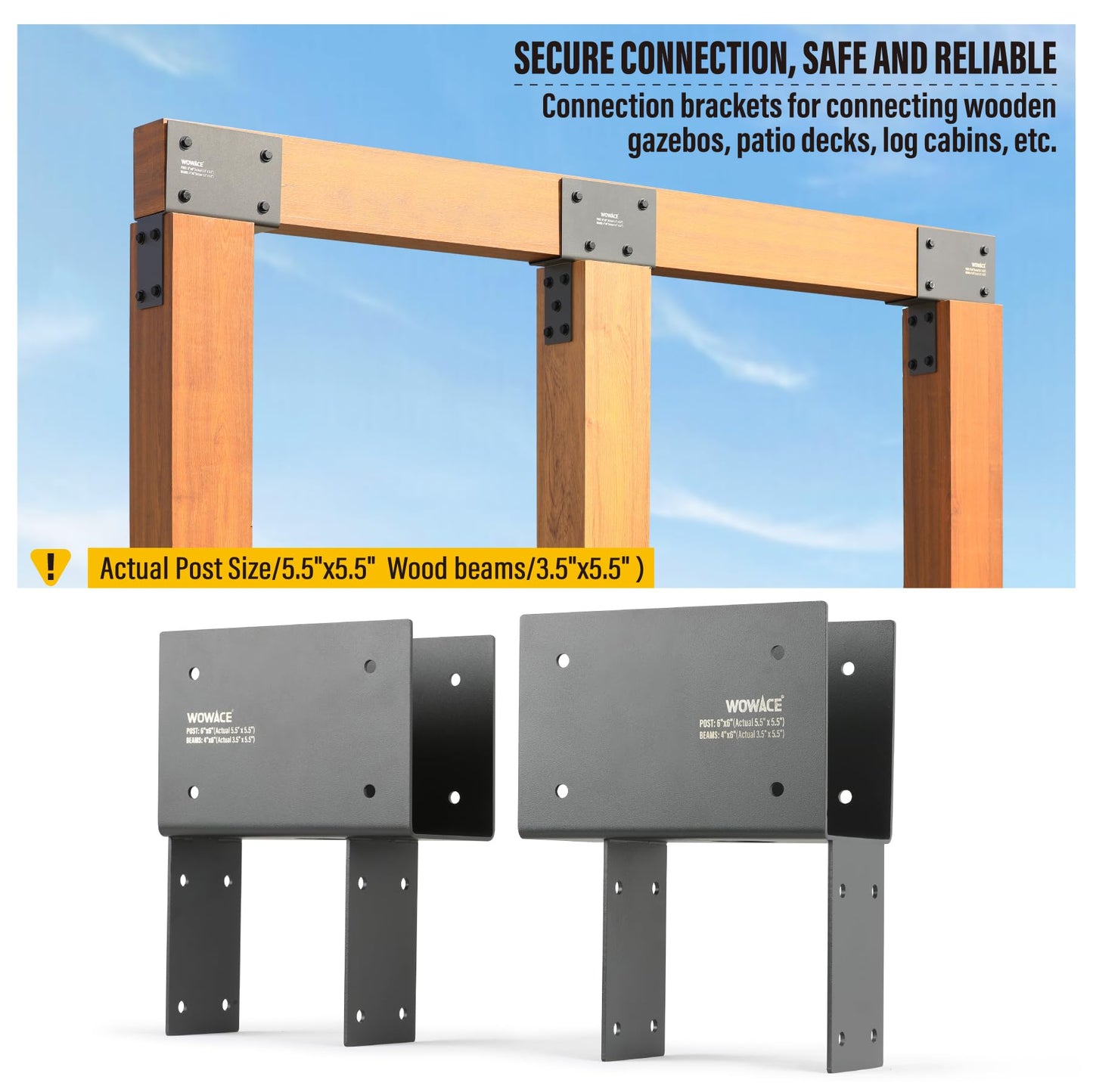 WOWACE 4Pack 4x6 (Actual 3.5"x5.5") Heavy Duty Stainless Steel Pergola Brackets - End Post to Beam Connector for Gazebos, Patio Decks, Porches - Wood Post Cap Tie Bracket (Dark Gray)