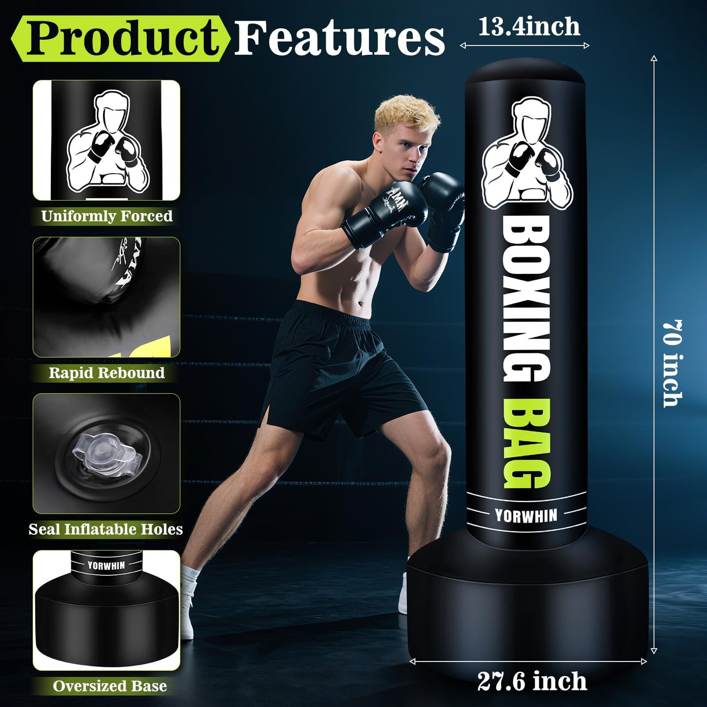 Freestanding Punching Bag for Adults Teens, 70'' Heavy Boxing Bag with Stand with Gloves, Pump and Jump Rope, Women Men Standing Kickboxing Bag for MMA Training Muay Thai Fitness Karate Home Gym