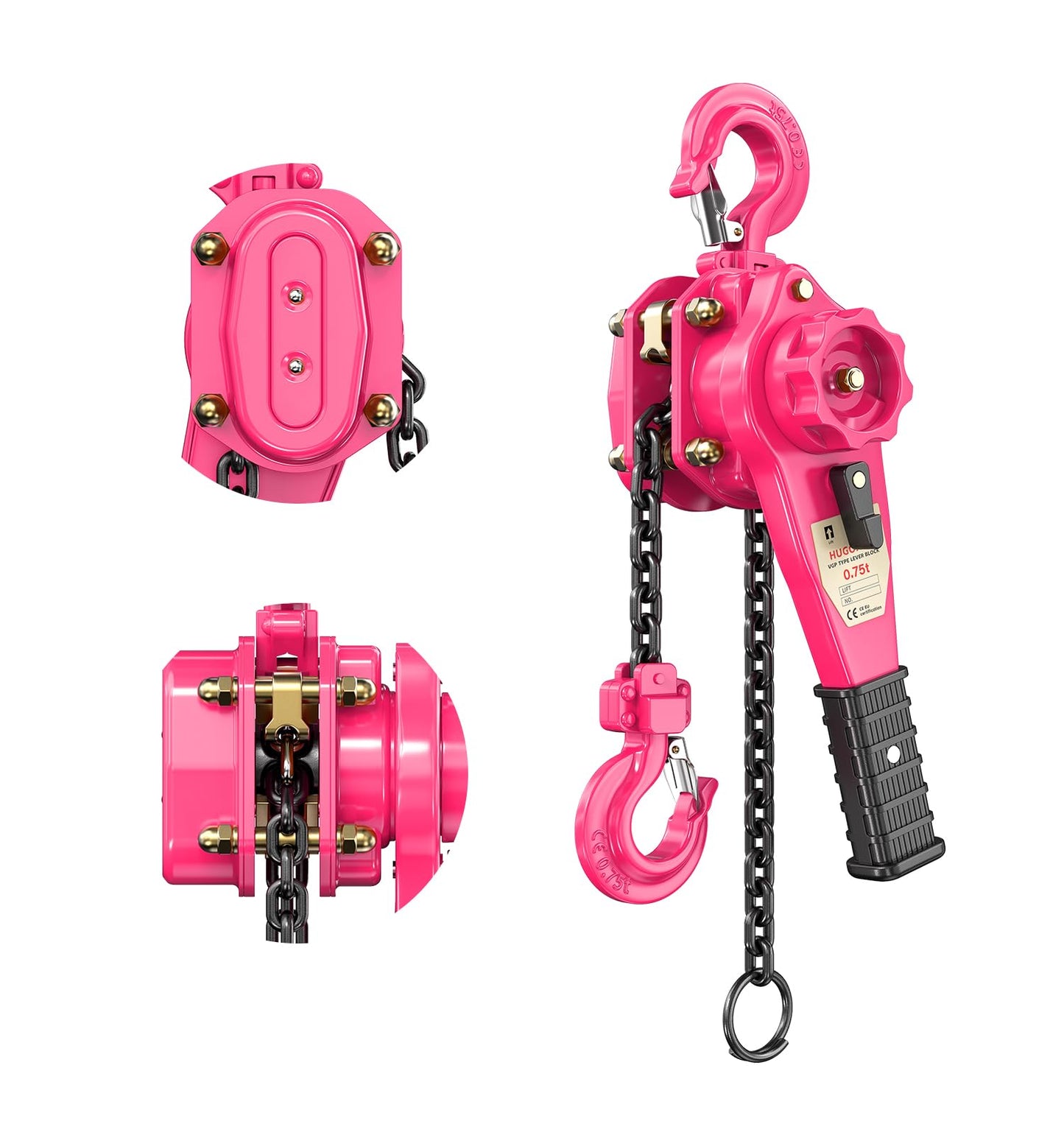HUGOASIS 3/4 Ton 1650lbs Lever Chain Hoist Capacity 10ft,Chain Come Along with Dual Brake System, G80 Manganese Steel Chain, 2 Heavy Duty Hooks for Garages Warehouse Automotive Machinery – Pink