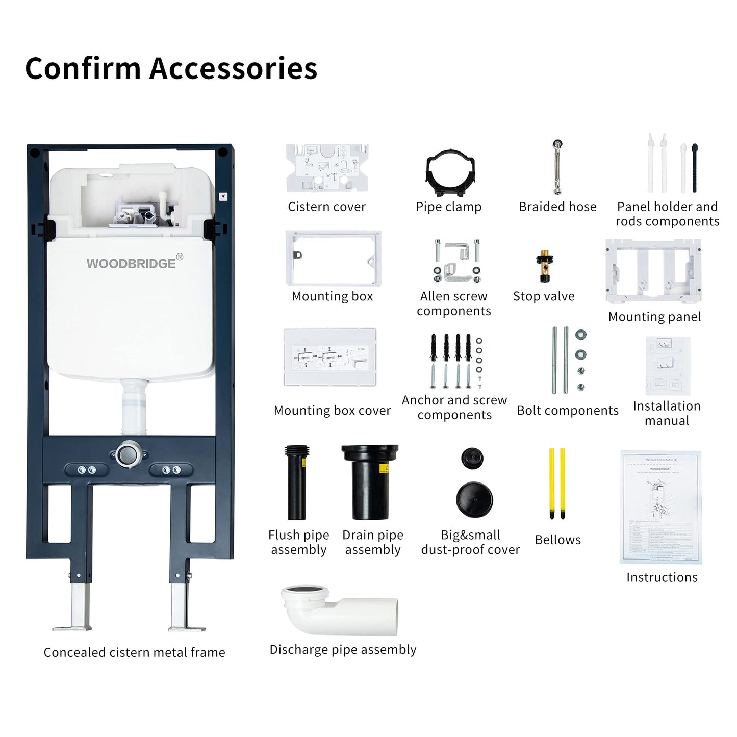 WOODBRIDGE In-Wall Toilet Tank with Polished Chrome Actuator Plate, 0.8 GPF/1.60 GPF Dual Flush,Carrier System for 2 x 4 stud installation, WHTA001