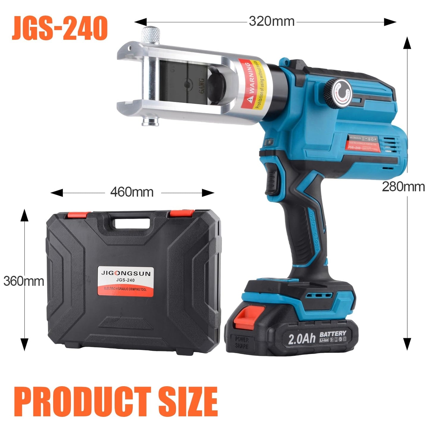 JIGONGSUN Electric Hydraulic Crimping Tool, Battery Cable Crimper Tool, 10 Ton Wire Crimpers Electrical, Rang 6AWG-600MCM and Electrical Wire Lugs Tool 12 Pairs of Dies (JGS-240)