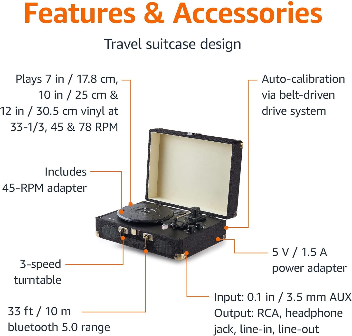 Amazon Basics 3-Speed, Portable Suitcase Vinyl Turntable Record Player with Built-in Stereo Speakers, Belt Drive