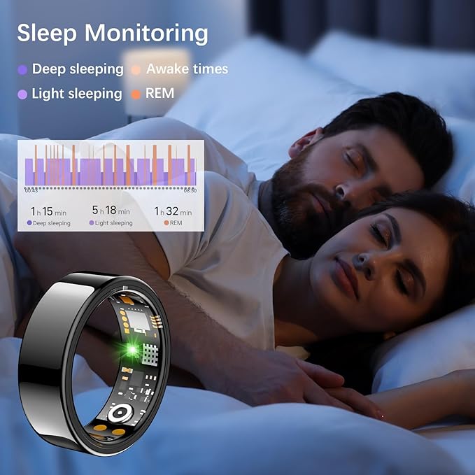 Smart Health Ring for Women Men, Fitness Tracker Ring with Heart Rate, Blood Oxygen, Sleep Tracker, Step Tracker, No Subscription Fee, IP68 Waterproof Smart Ring for iPhone & Android (Black, 9#)