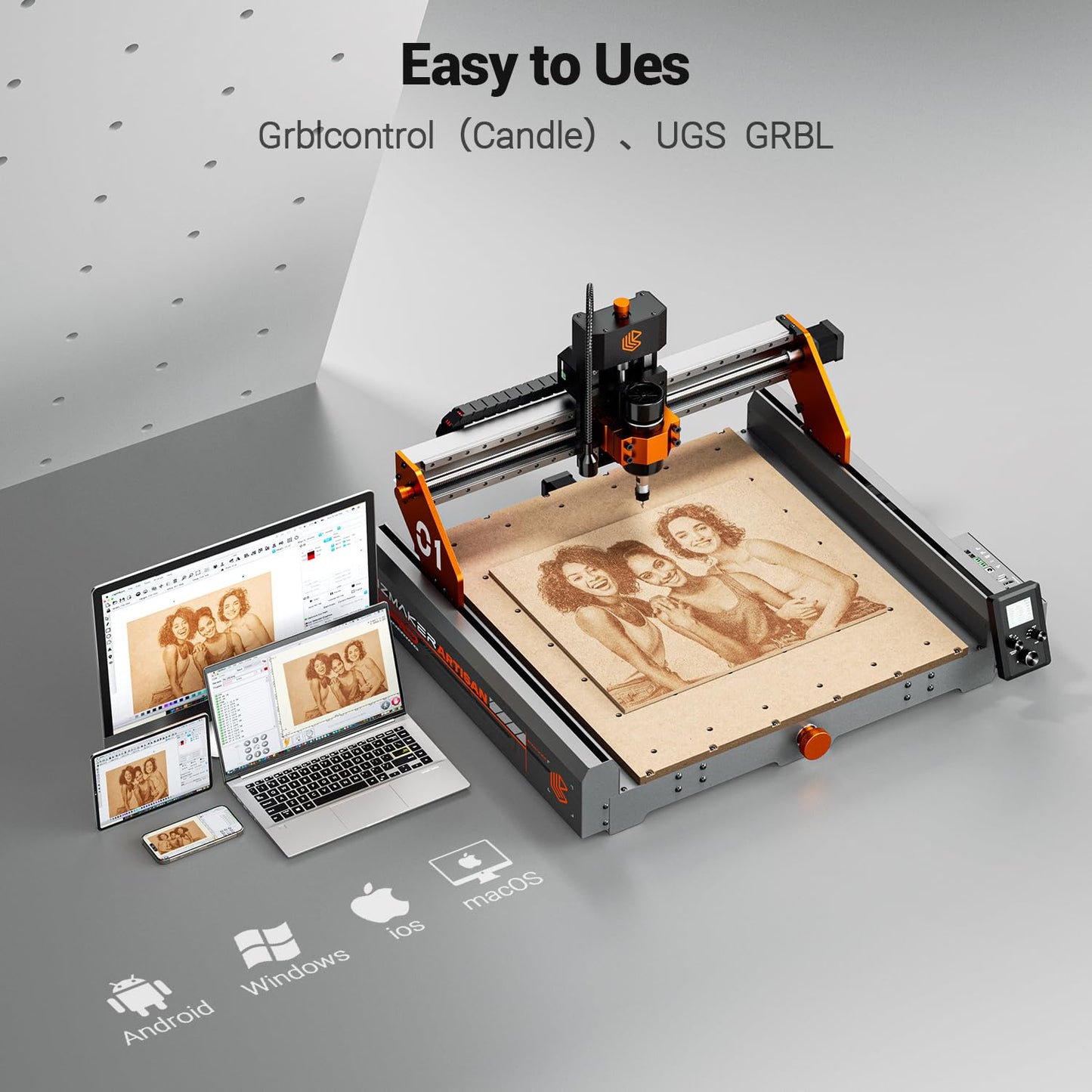 Artsian 01 CNC Router Machine 300W Spindle Power, 0.01mm Precision, 4-Axis Intelligent Controller, 420×420mm Workspace, Aluminum, Brass, Wood, Plastic, PCB Professional Desktop CNC Engraver