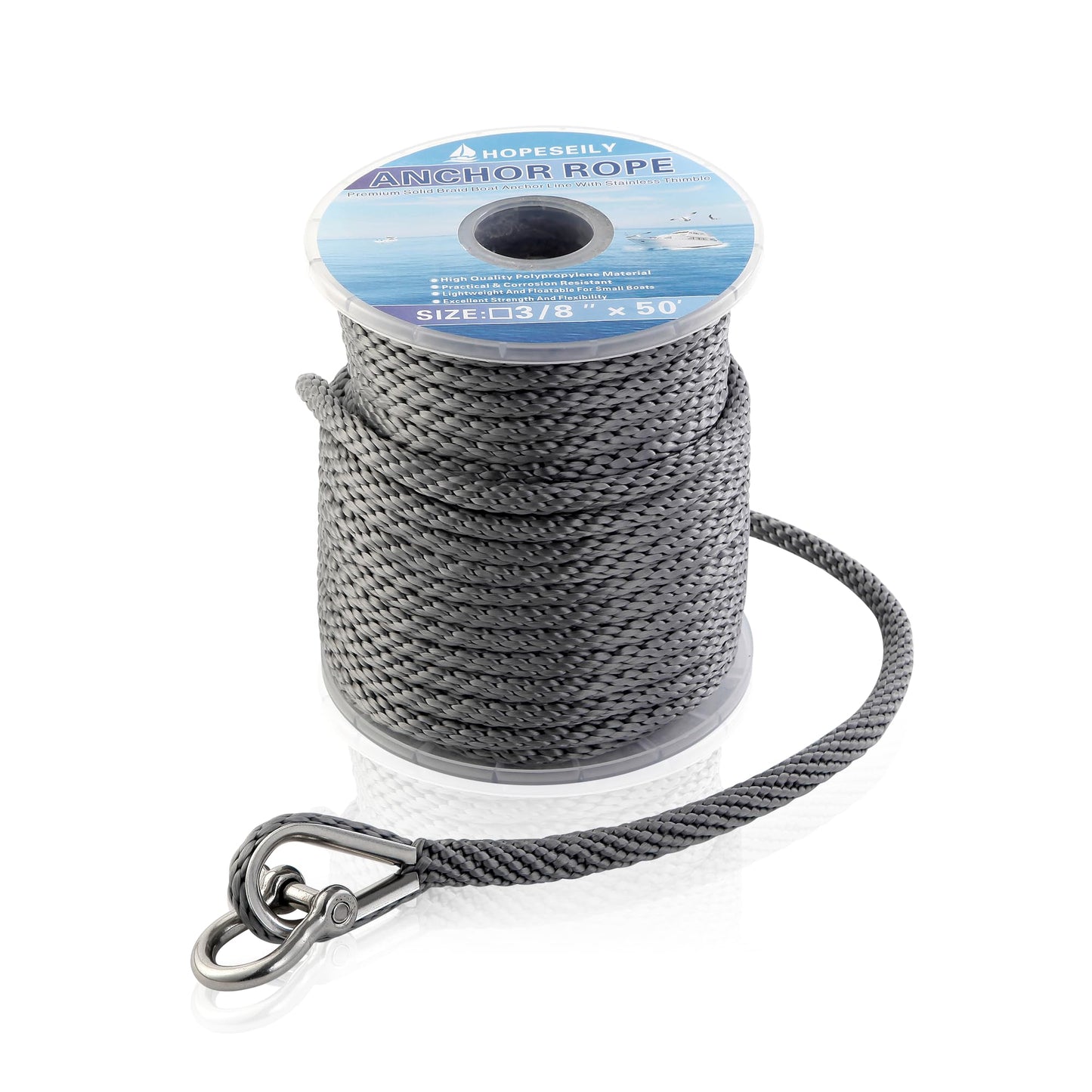 HOPESEILY 3/8 x 50FT Boat Anchor Rope, Premium Solid Braid MFP Marine Line with Stainless Steel Thimble & Shackle for Boats Jet Ski Yacht Dock, Heavy Duty (Grey)