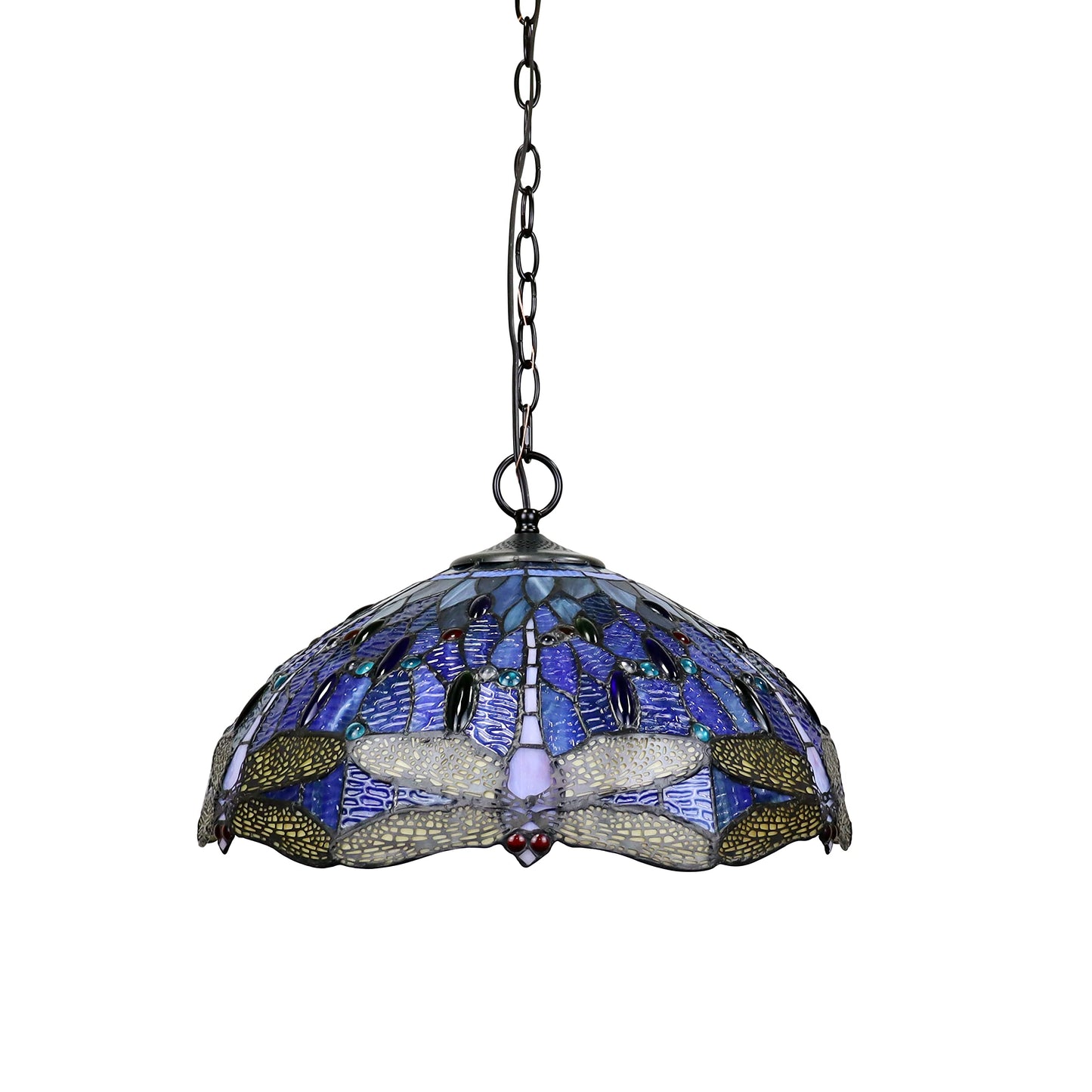 Chloe Lighting Dragonfly Tiffany-Style Ceiling Pendant, 2/3 Light, Dark Bronze, 18in Wide, Multicolor, Model CH3T524BD18-DP3