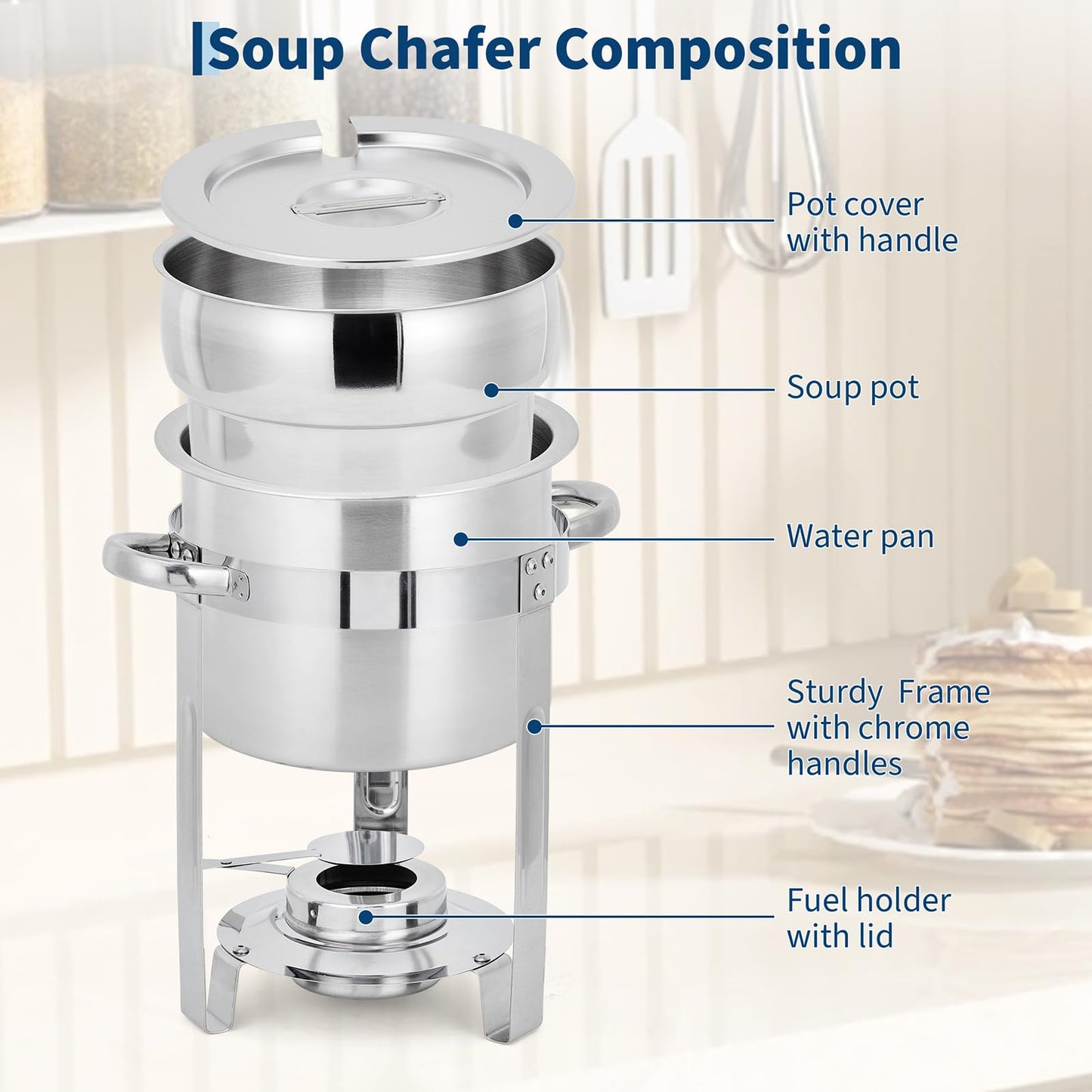 Commercial 11QT Soup Chafer Set, 4 Pack Stainless Steel Round Food Warmers Set with Pot, Notched Lids & Fuel Containers, Soup Warmers Ideal for Buffet Service & Event Catering
