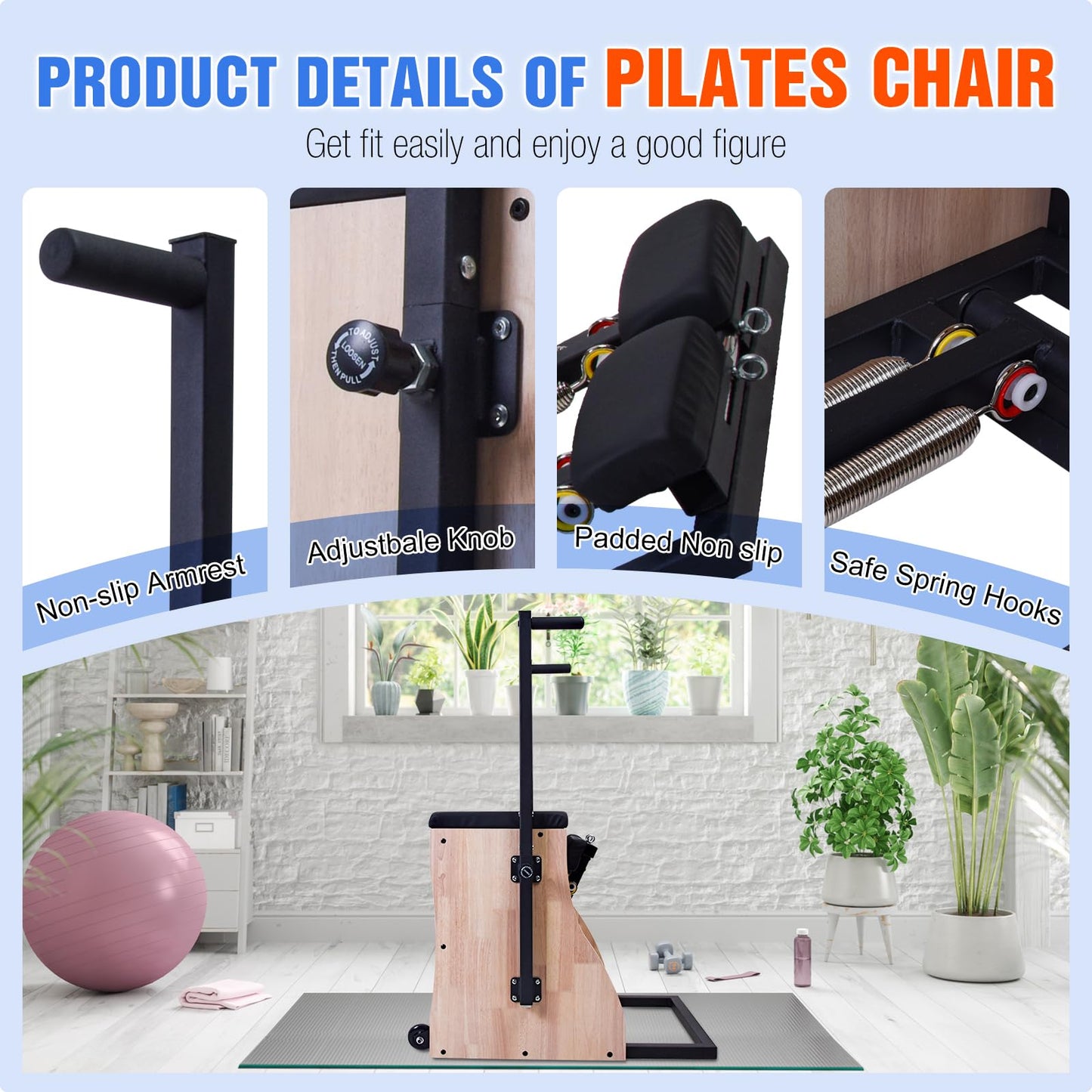 Pilates Chair Wunda Chair Pilates Combo Chair Reformer Machine with Adjustable Resistance Springs Split Pedal Handles Home Gym Equipment for Yoga Core Training Rehabilitation Includes Non-Slip Socks